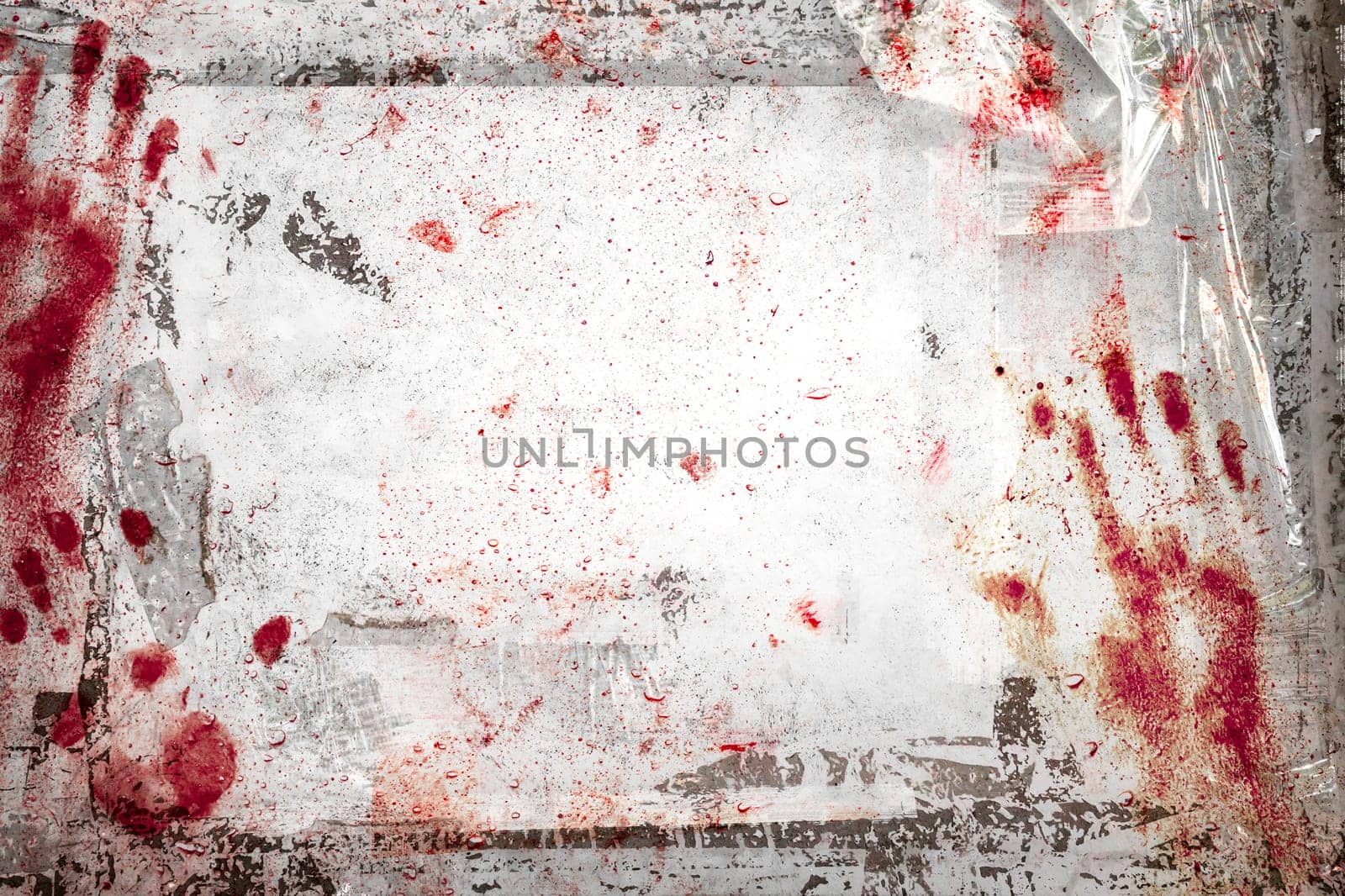 Horror background with grungy frame, bloody handprints, remains of scotch tape and cellophane. Fully editable. It can be used as a party invitation, food menu, poster, wallpaper, design t-shirts and more.