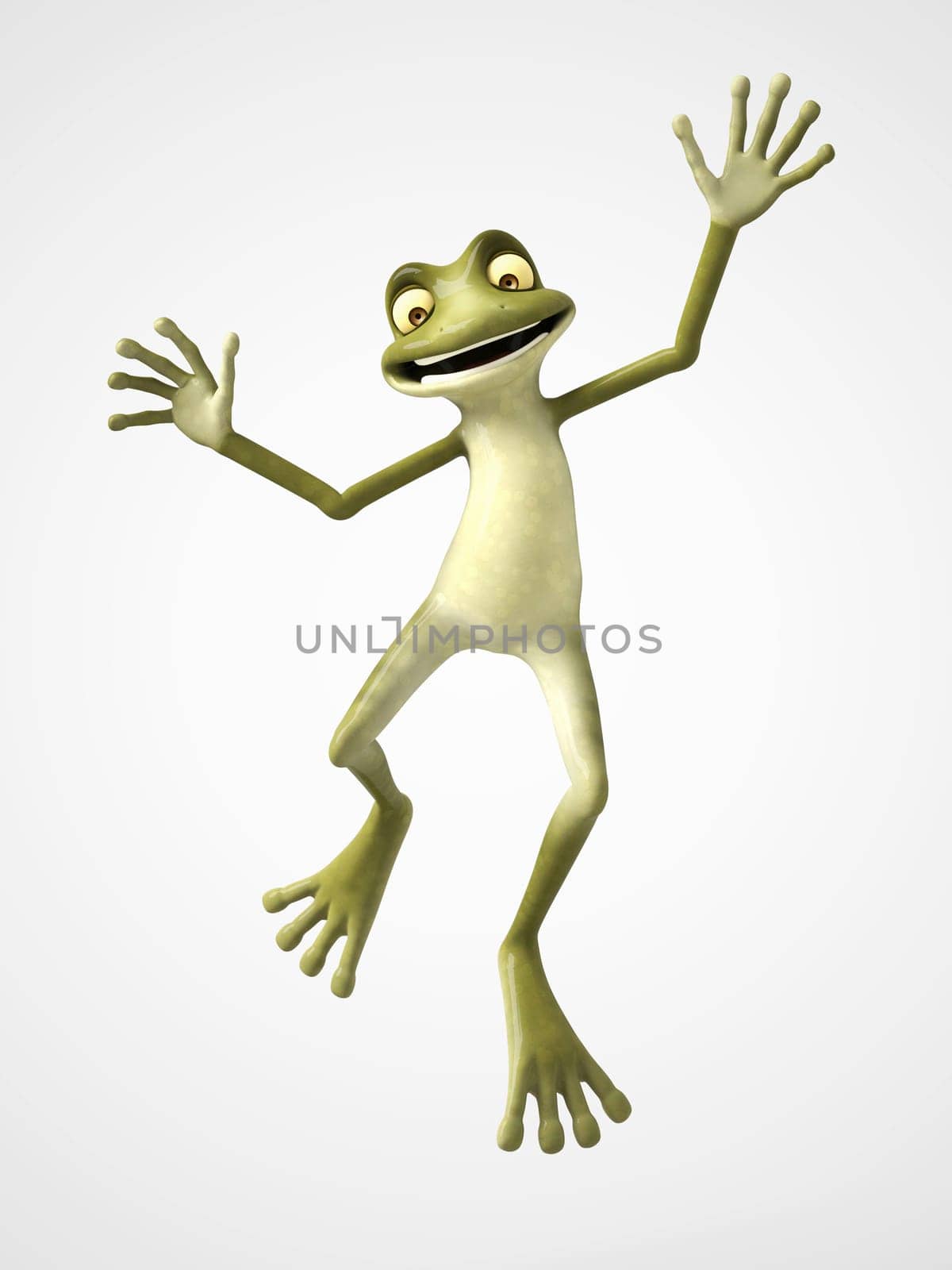 3D rendering of a smiling, cartoon frog jumping for joy. White background.