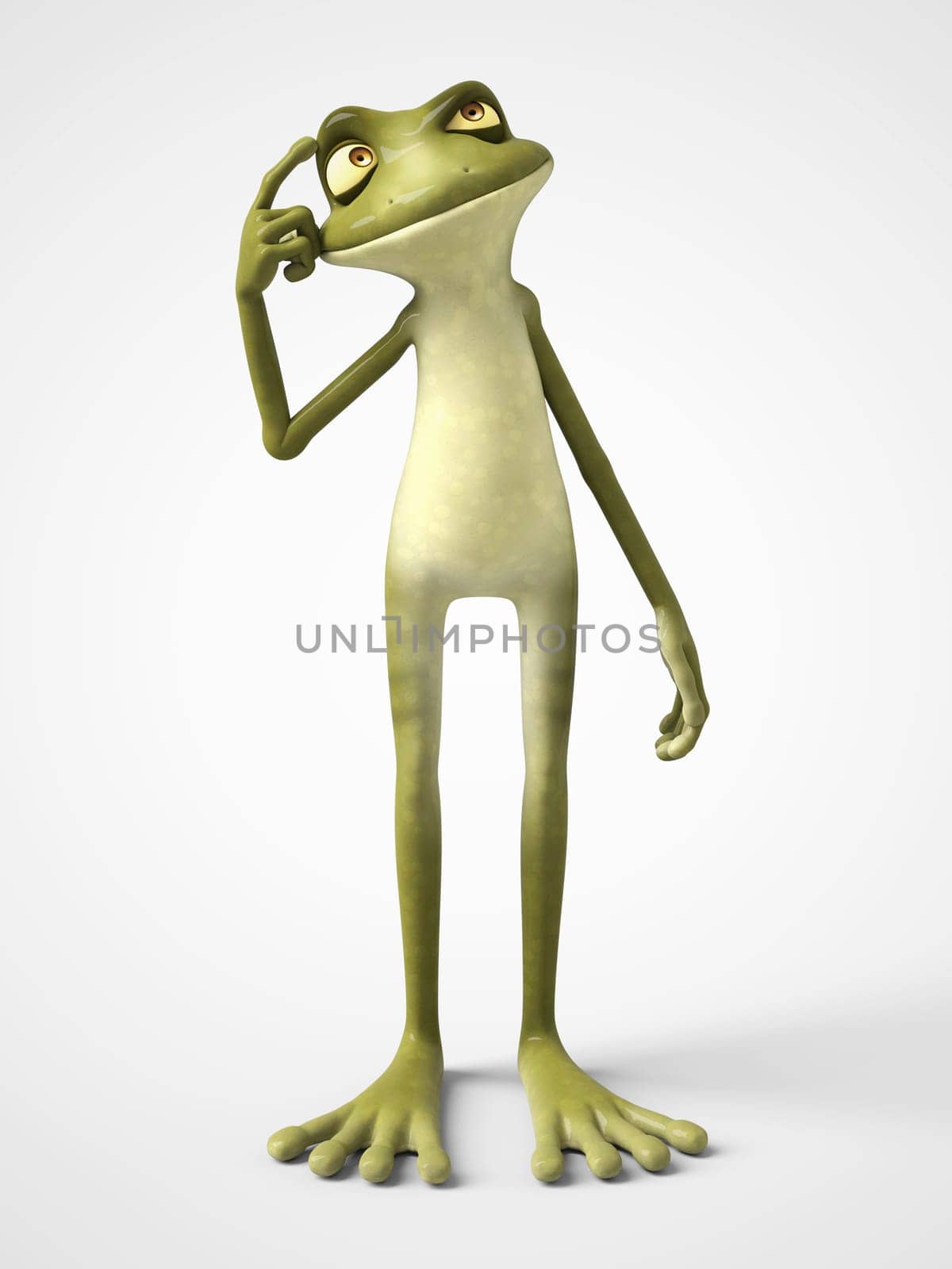 3D rendering of a smiling, cartoon frog thinking about something. White background.