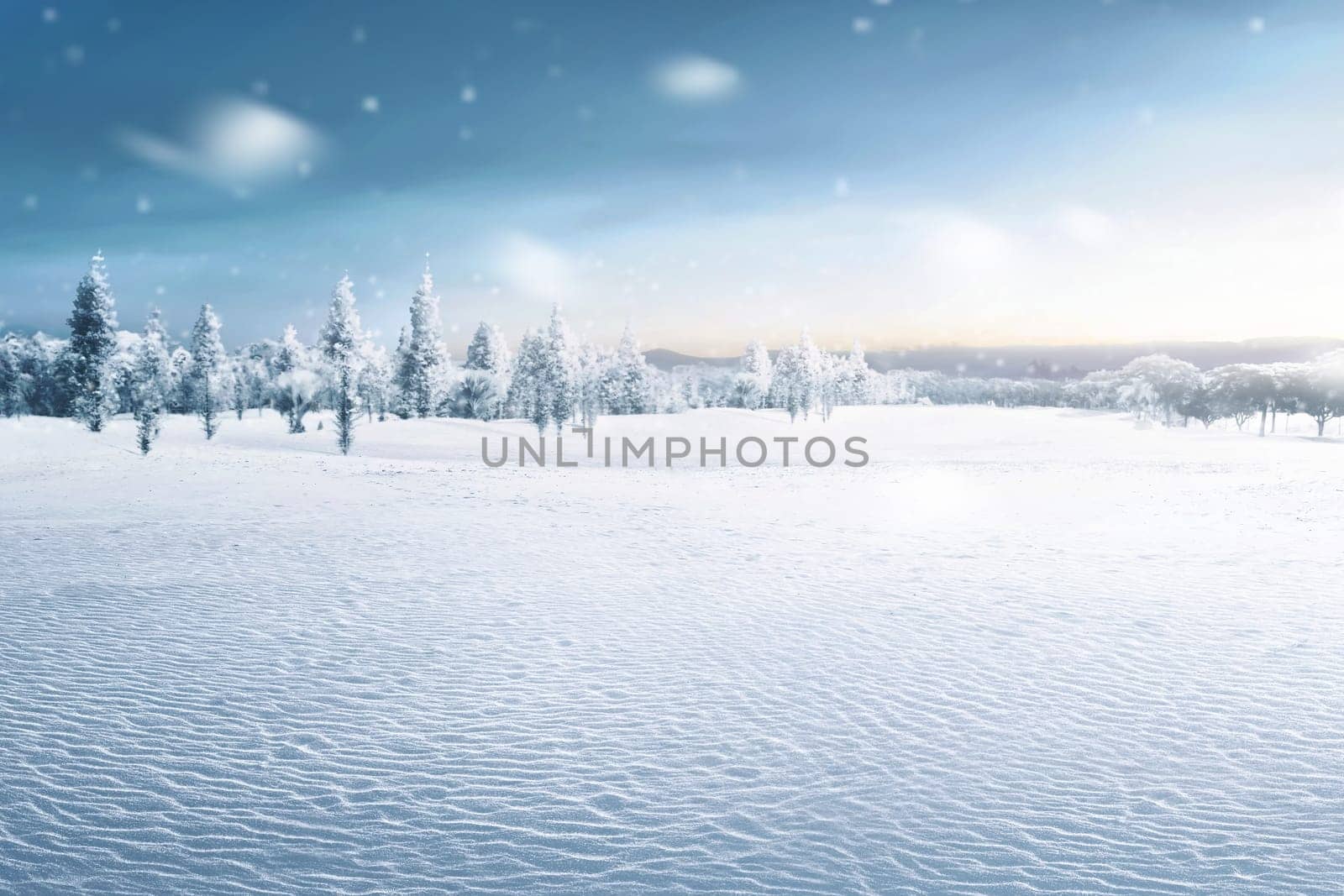 Landscape of snowy field with frozen trees at winter