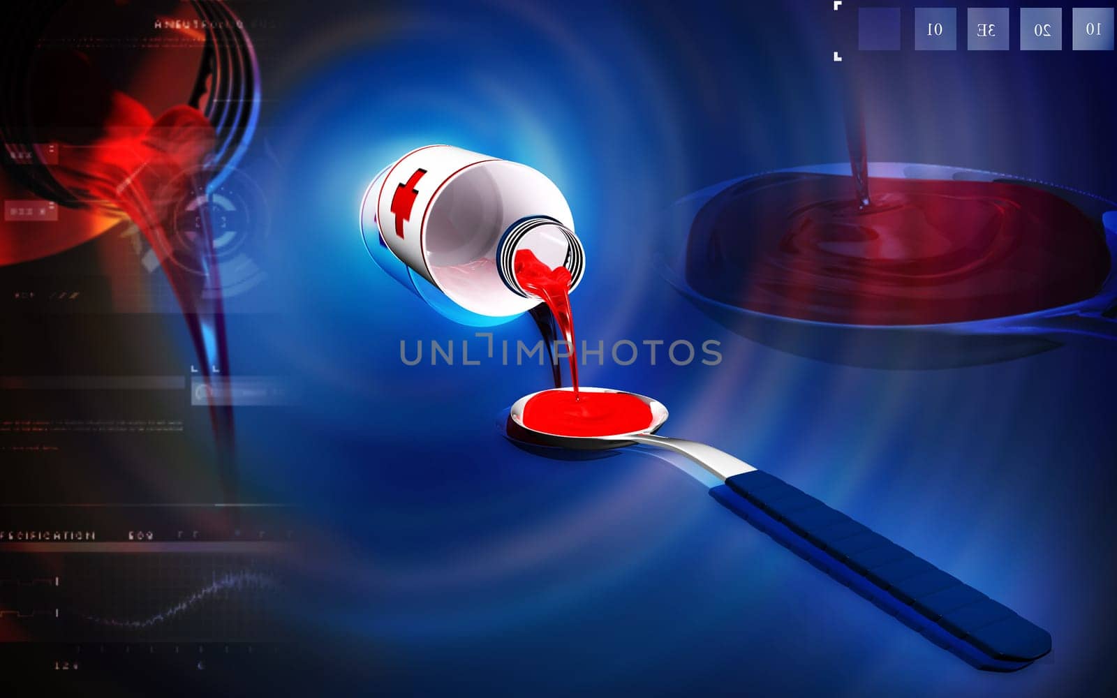 Digital illustration of medicine with spoon in colour background
