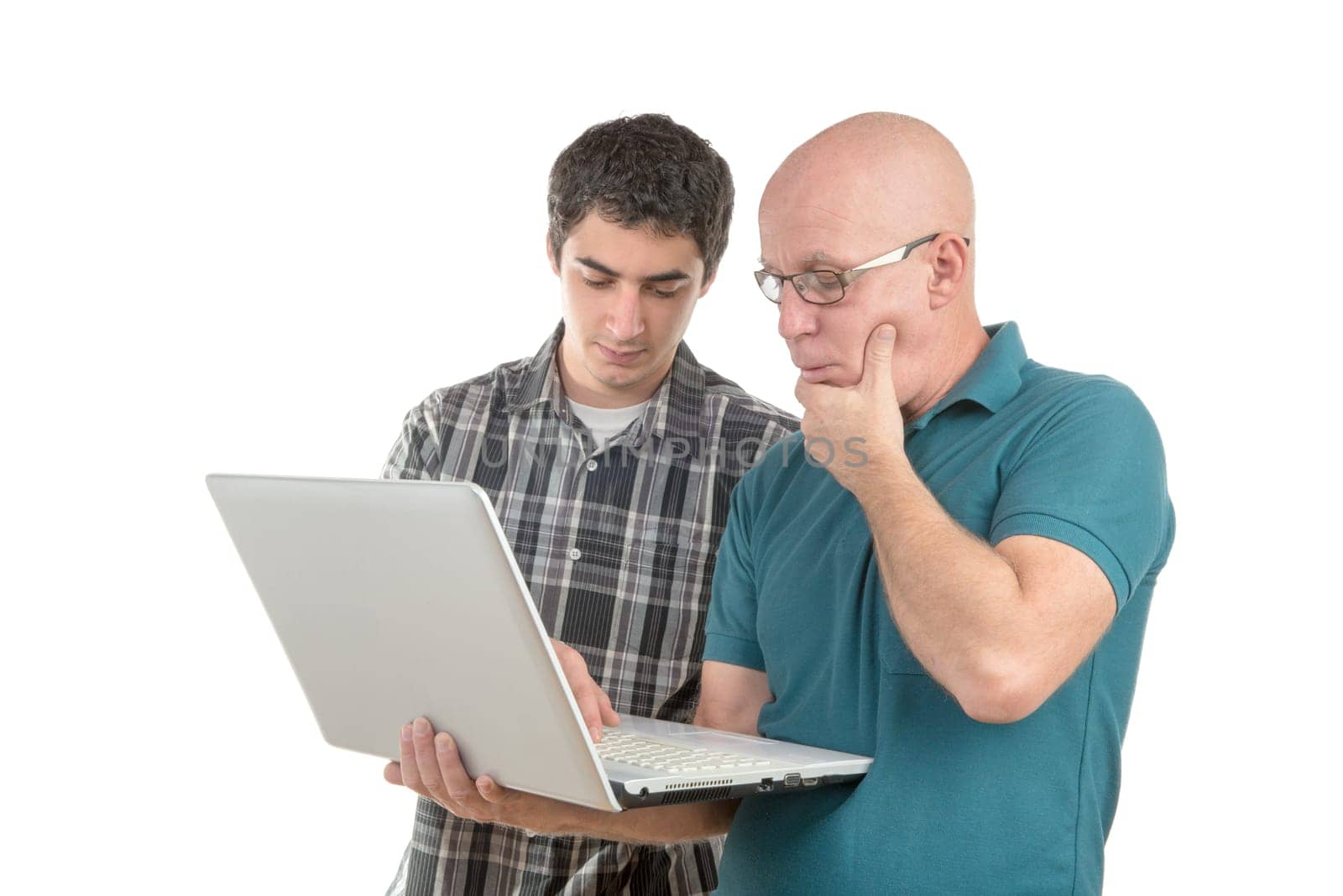 a son explains to his father the laptop
