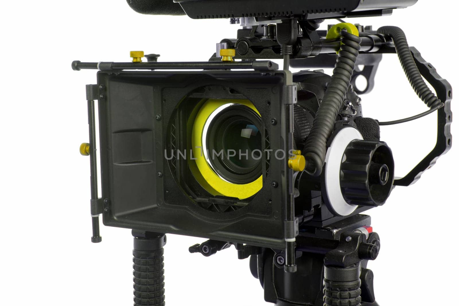 Professional video camera on the white background