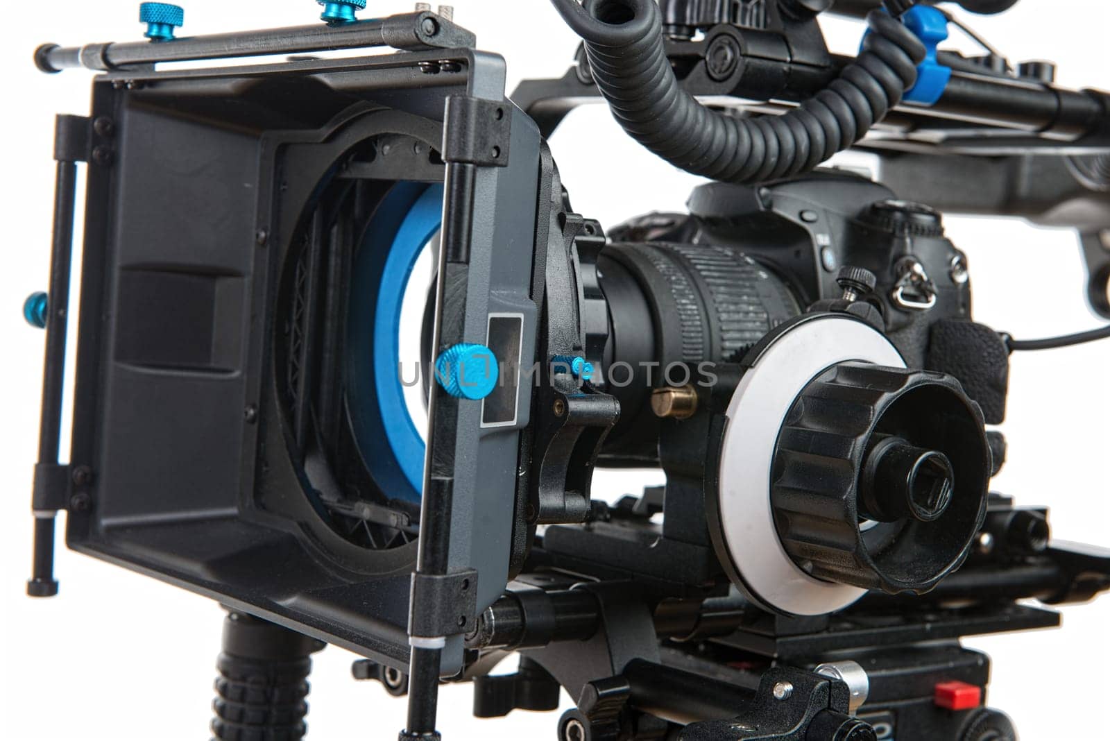 Professional video camera on the white background
