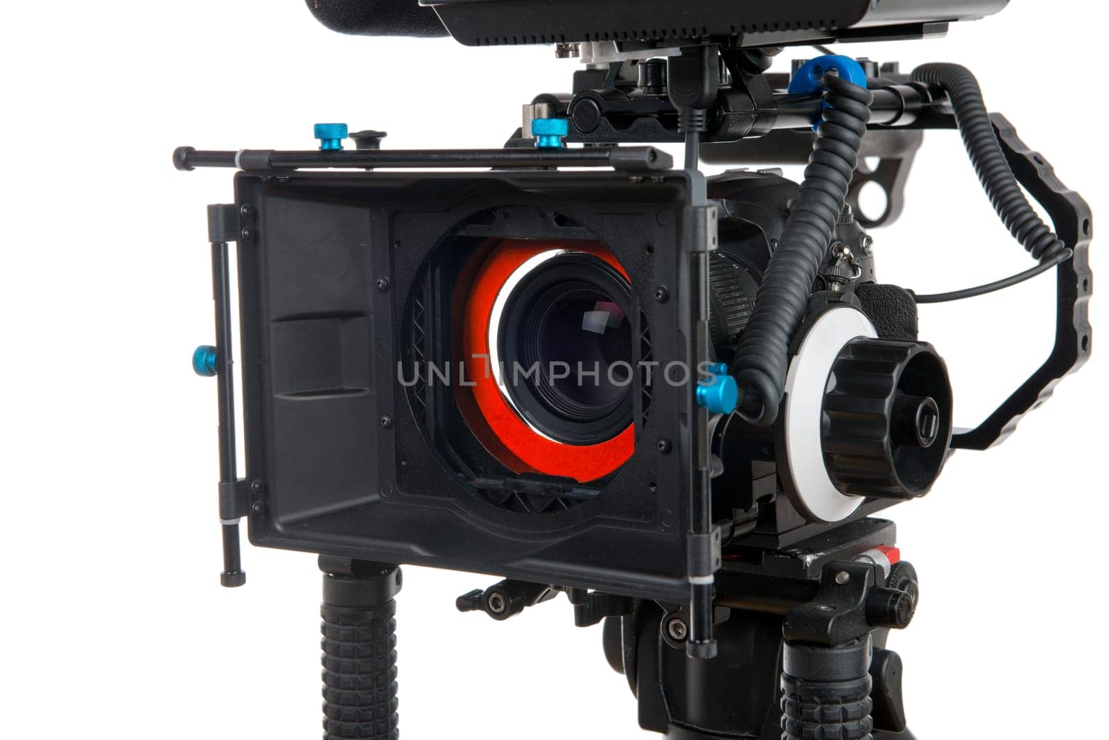 Professional video camera on the white background