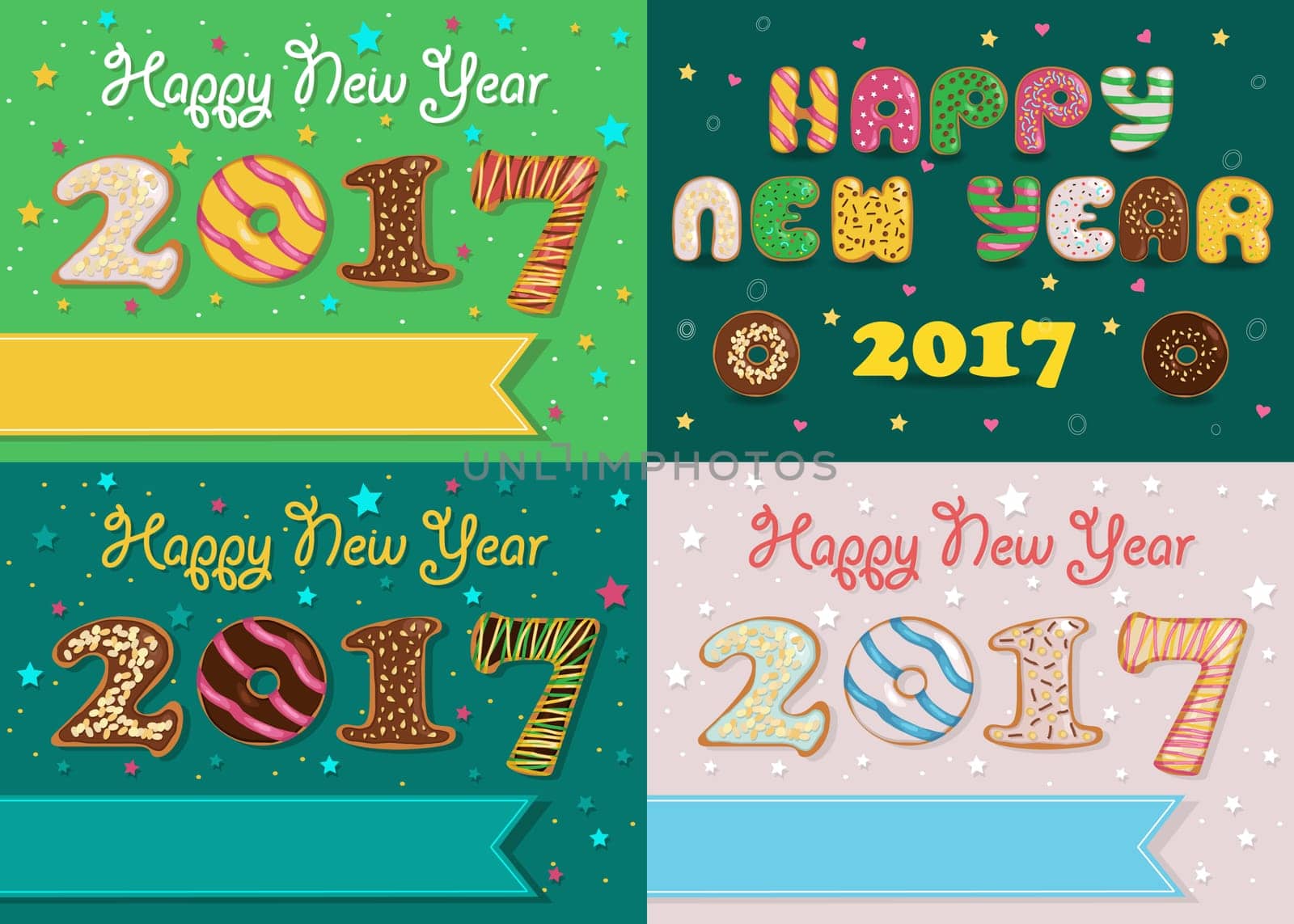 Happy New Year 2017. Colorful Donuts artistic font. Banners for custom texts. Years specific