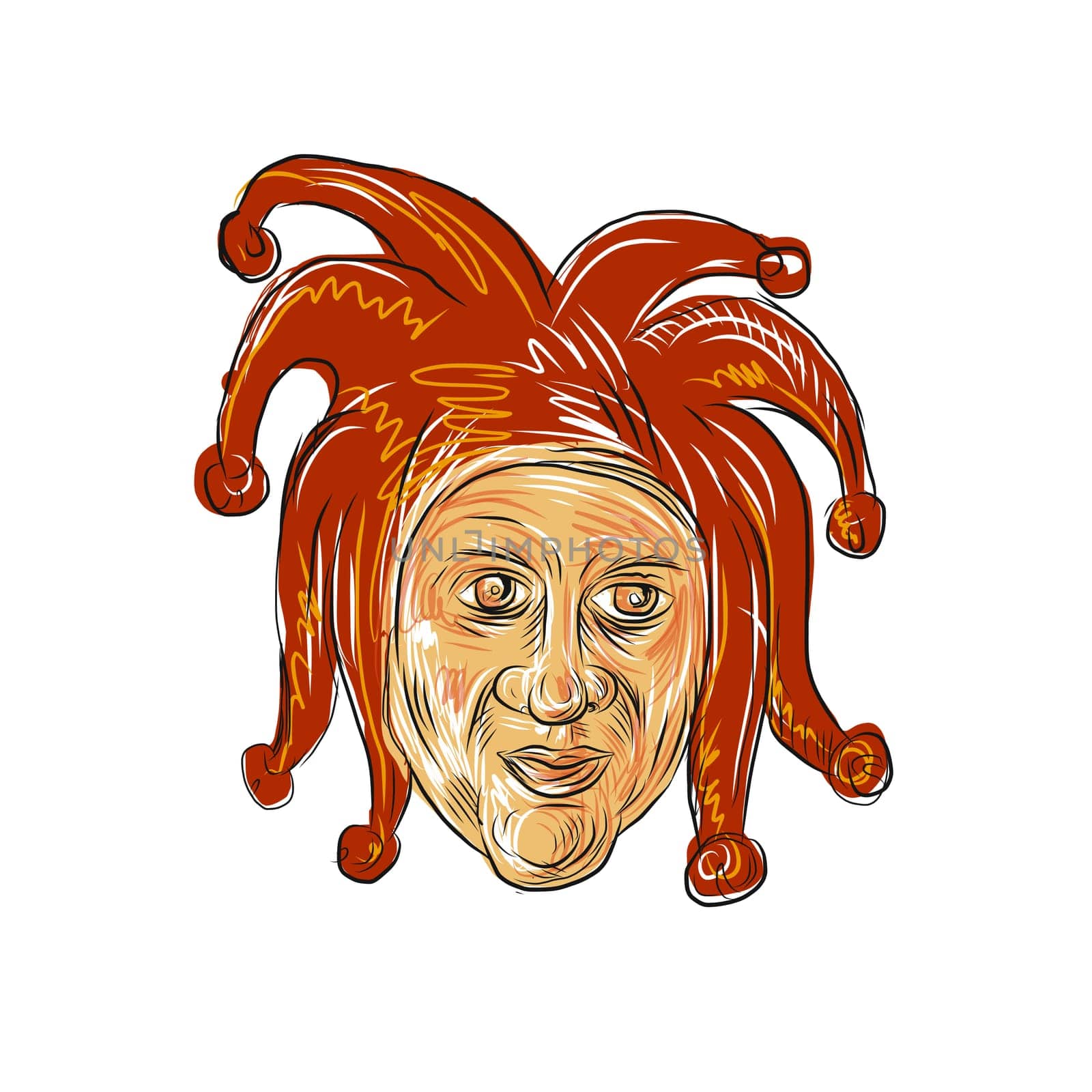 Drawing sketch style illustration of head of a medieval court jester, professional joker, fool and entertainer viewed from front on isolated background.