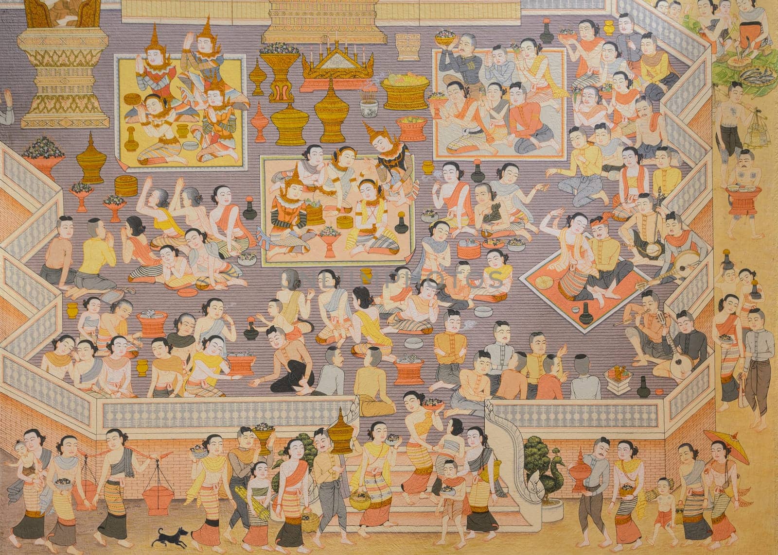 Thai mural painting of Lanna people life in the past in Chiang Rai, Thailand