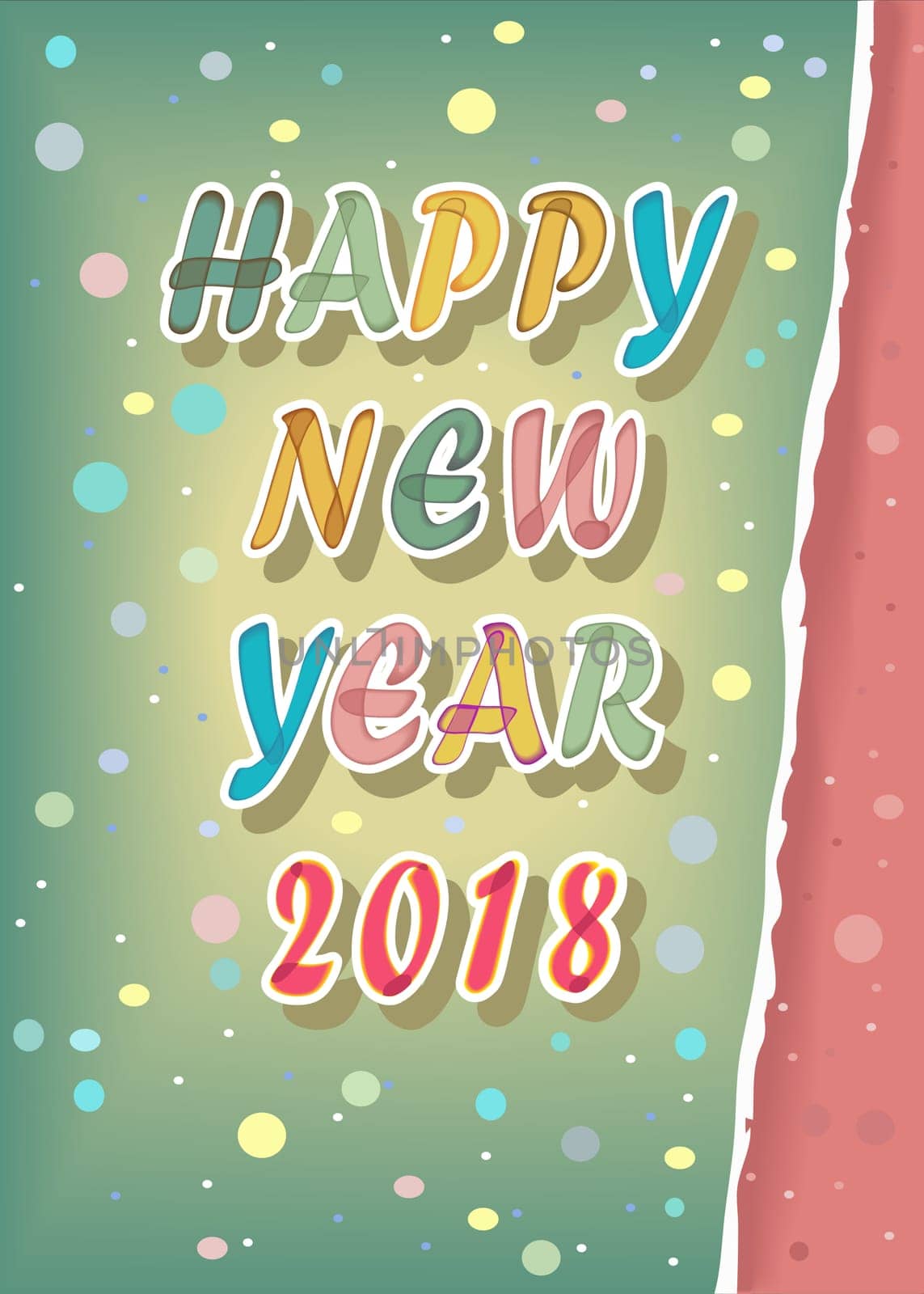 Happy New Year 2018. Artistic font with painting effect. Red number 2018. Ragged edge of paper. Watercolor blurs. Illustration
