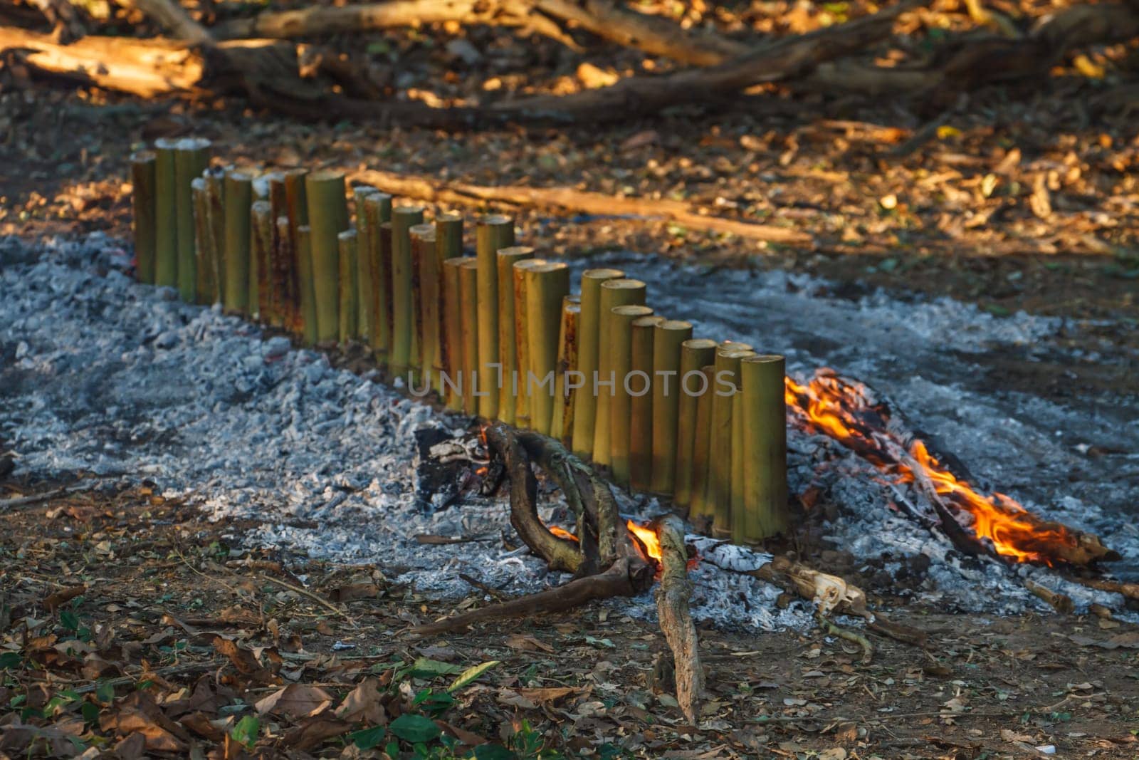 Glutinous rice roasted in bamboo joints in outdoor