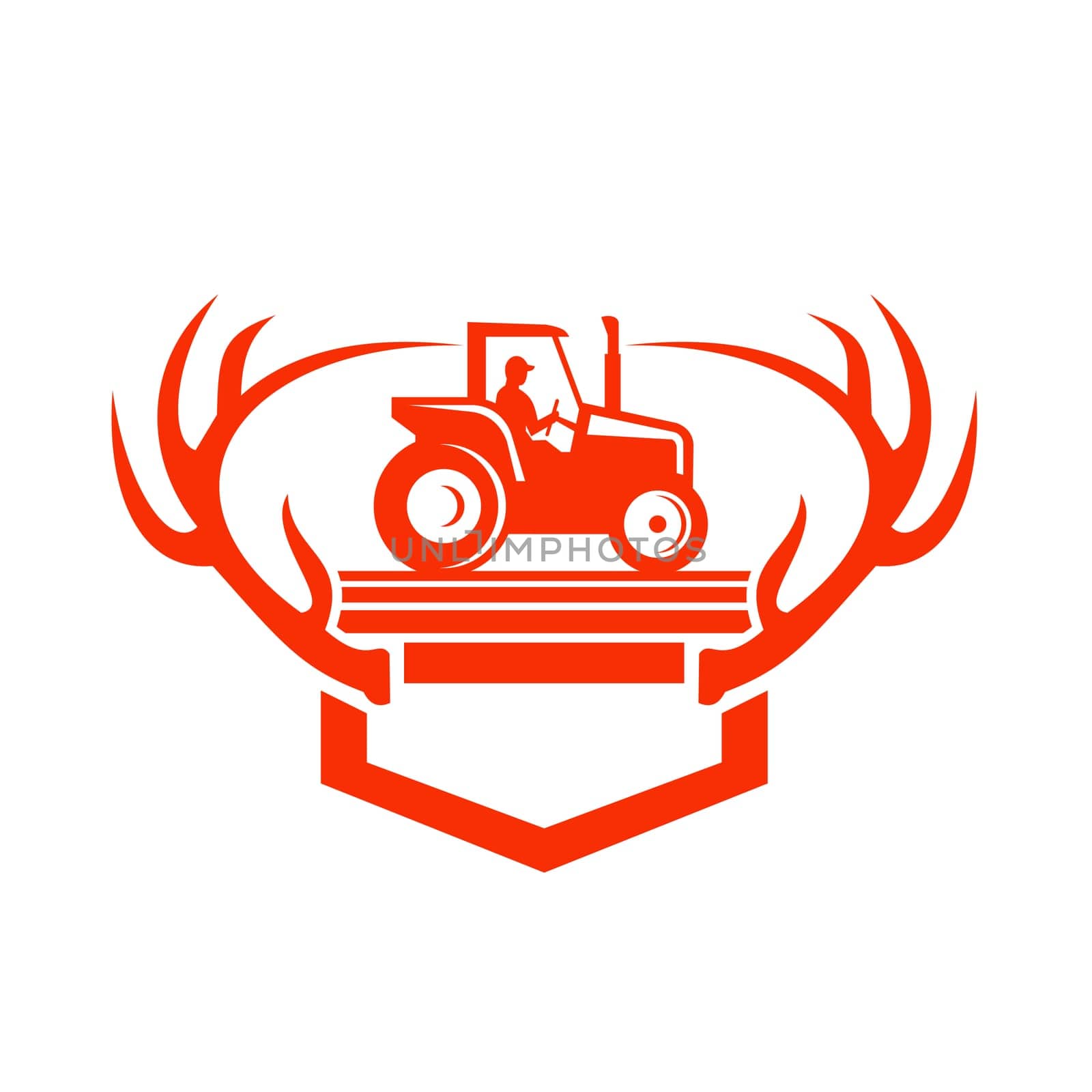 Retro style illustration of a White Tail Deer Antler framing a farmer driving a farm Tractor viewed from side on isolated background.