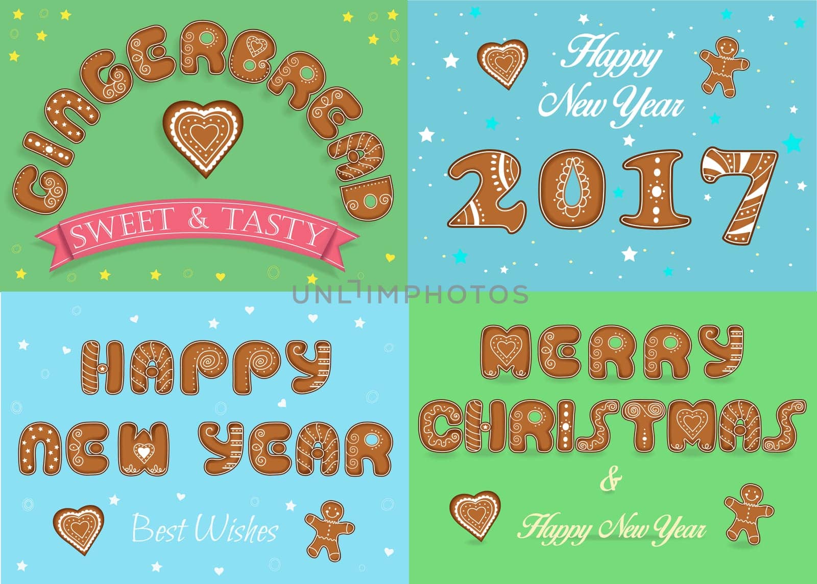 Happy New Year. 2017. Merry Christmas, Gingerbread. Sweet cookies font. Brown symbols with white cream decor.  illustration