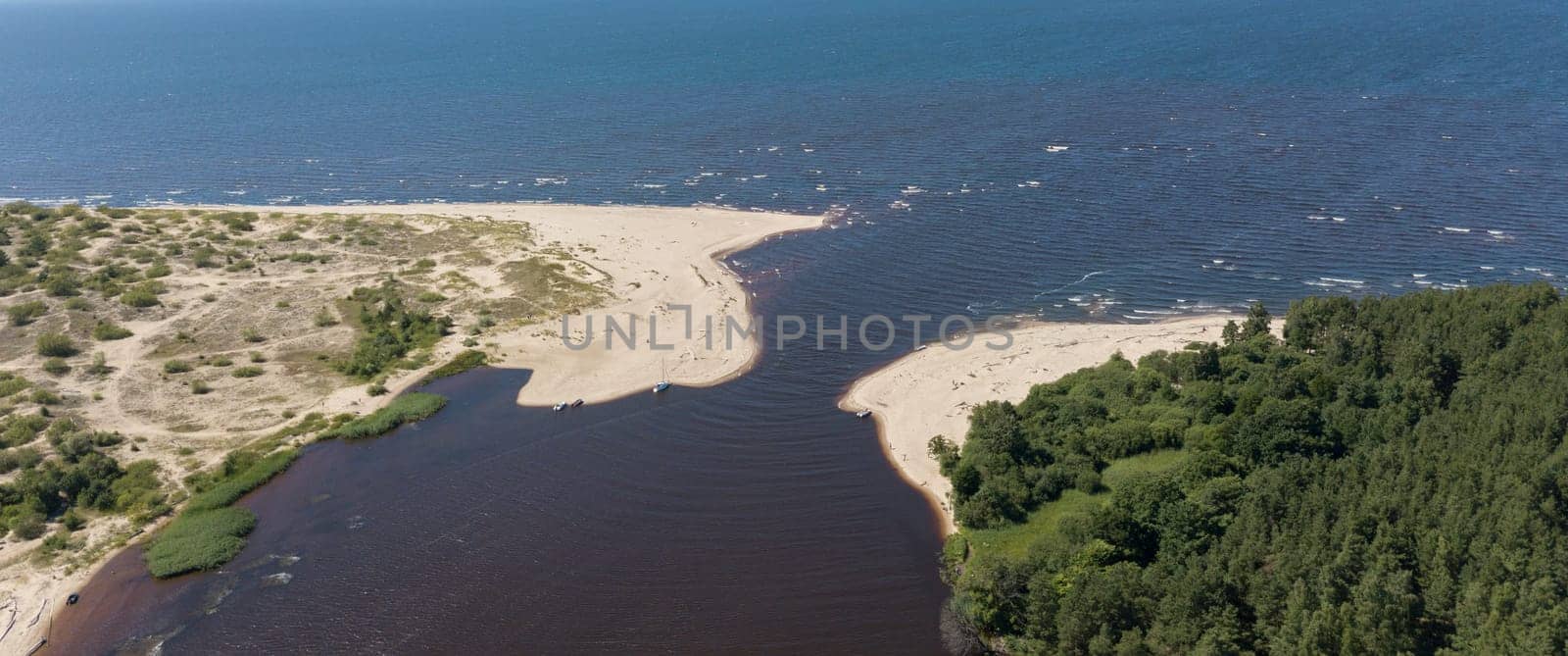 Gauja river Latvia drain into Baltic Sea aerial drone top view