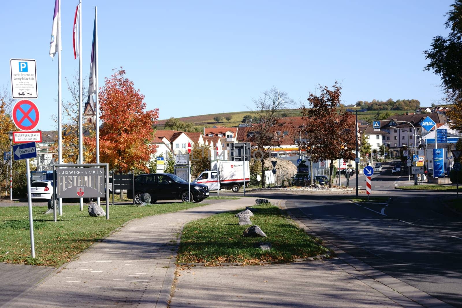 Nieder-Olm,Germany - October 14,2017: The sign and logo of the Ludwig Eckes Festhalle on a main road on October 14,2017 in Nieder-Olm.