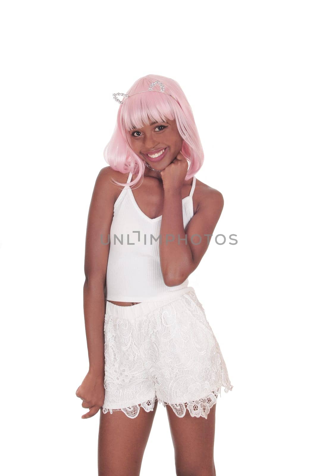 A beautiful African young woman standing is white shorts and t-shirt.and bunny ears, with a pink wick, isolated for white background.