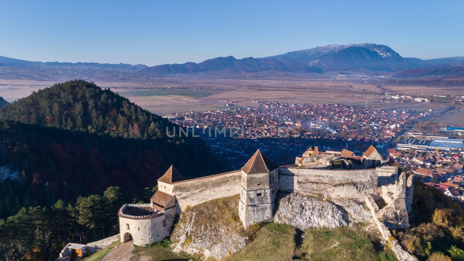 Aerial view of Rasnov Fortress. Brasov, Transylvania, Romania