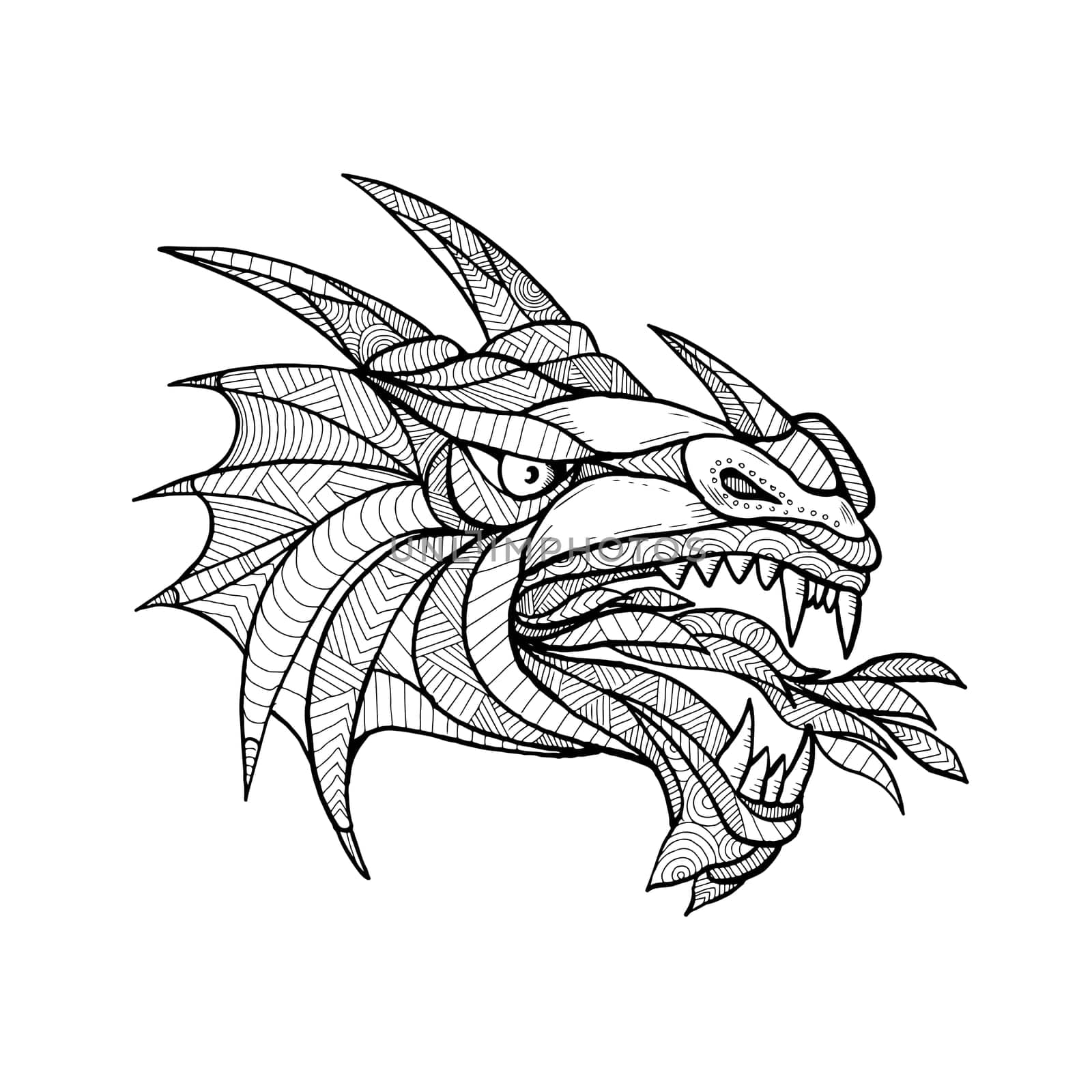 Zentagle inspired and tangled mandala illustration of head of a mythical creature, beast or dragon viewed from the side in black and white on isolated backgound.