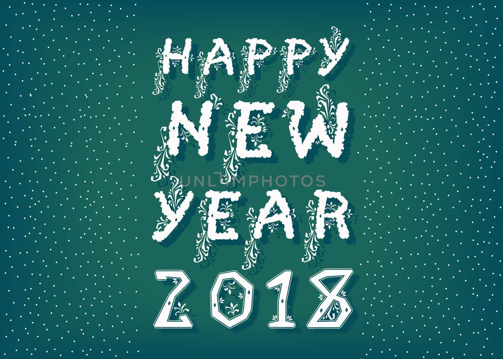 Happy New Year 2018. Artistic white snowy font. Dark green background with snowfall. Illustration