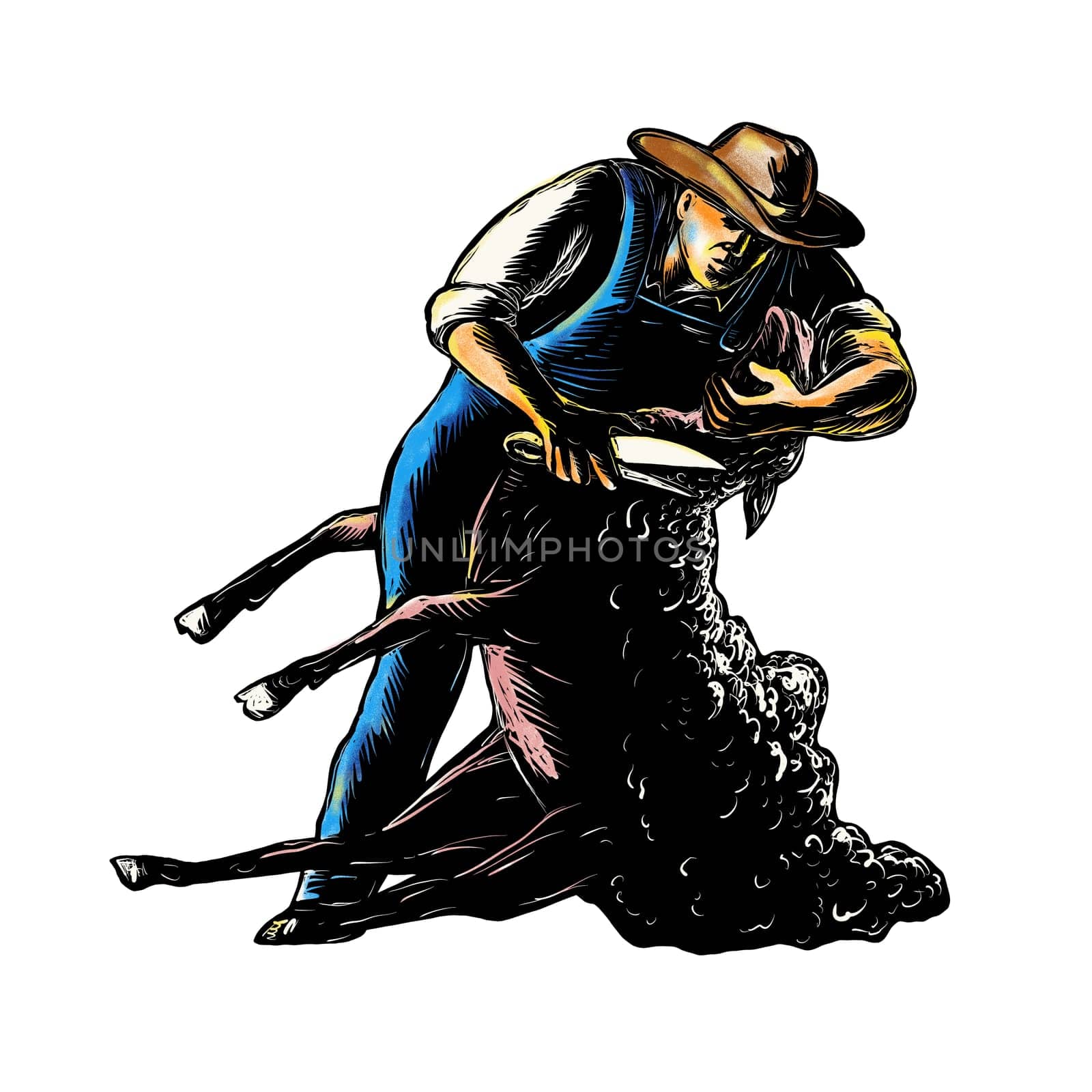Scratchboard style illustration of sheep shearer or farmer shearing sheep with shears done on scraperboard on isolated background.