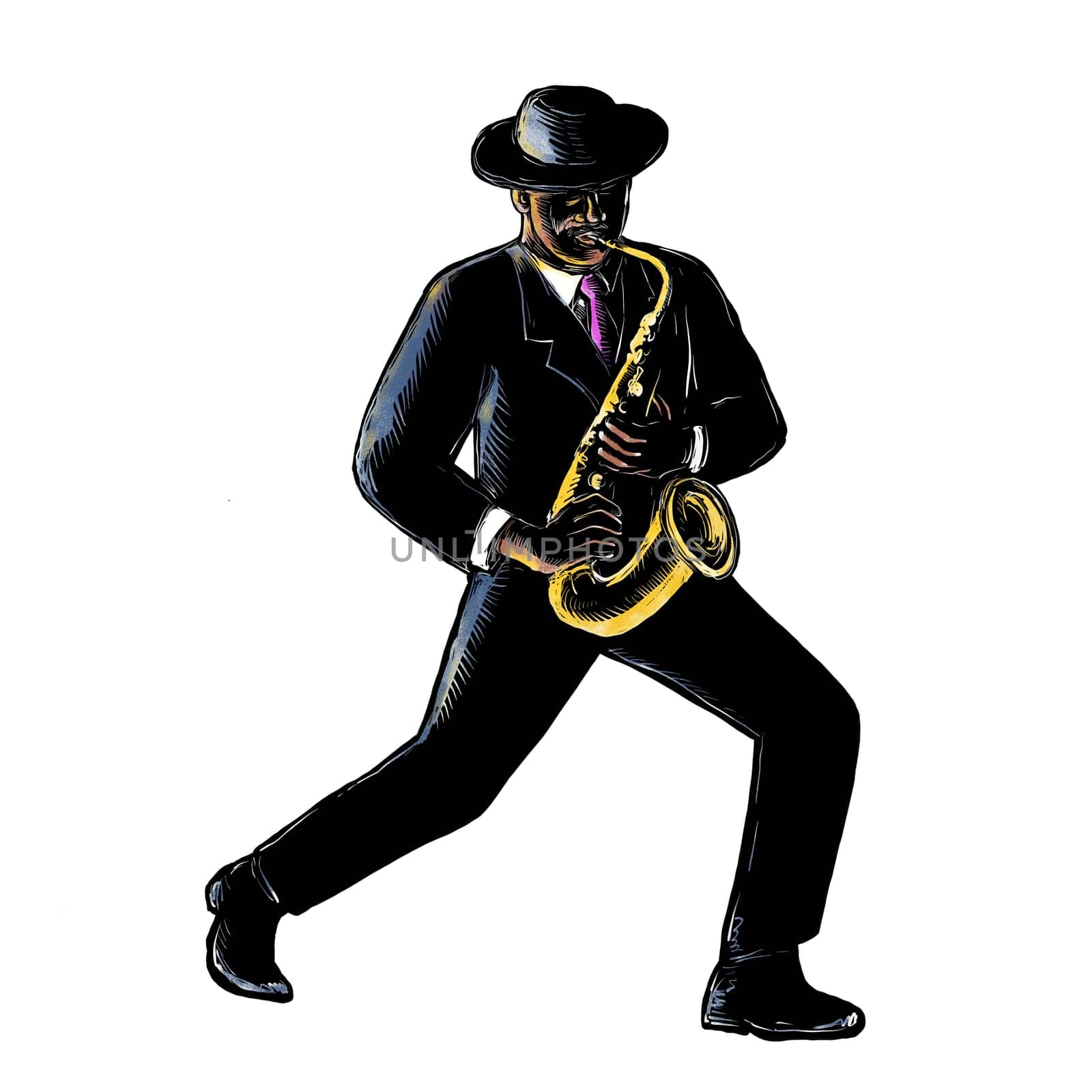 Scratchboard style illustration of a vintage African-American Jazz musician playing music with his saxophone done on scraperboard on isolated background.