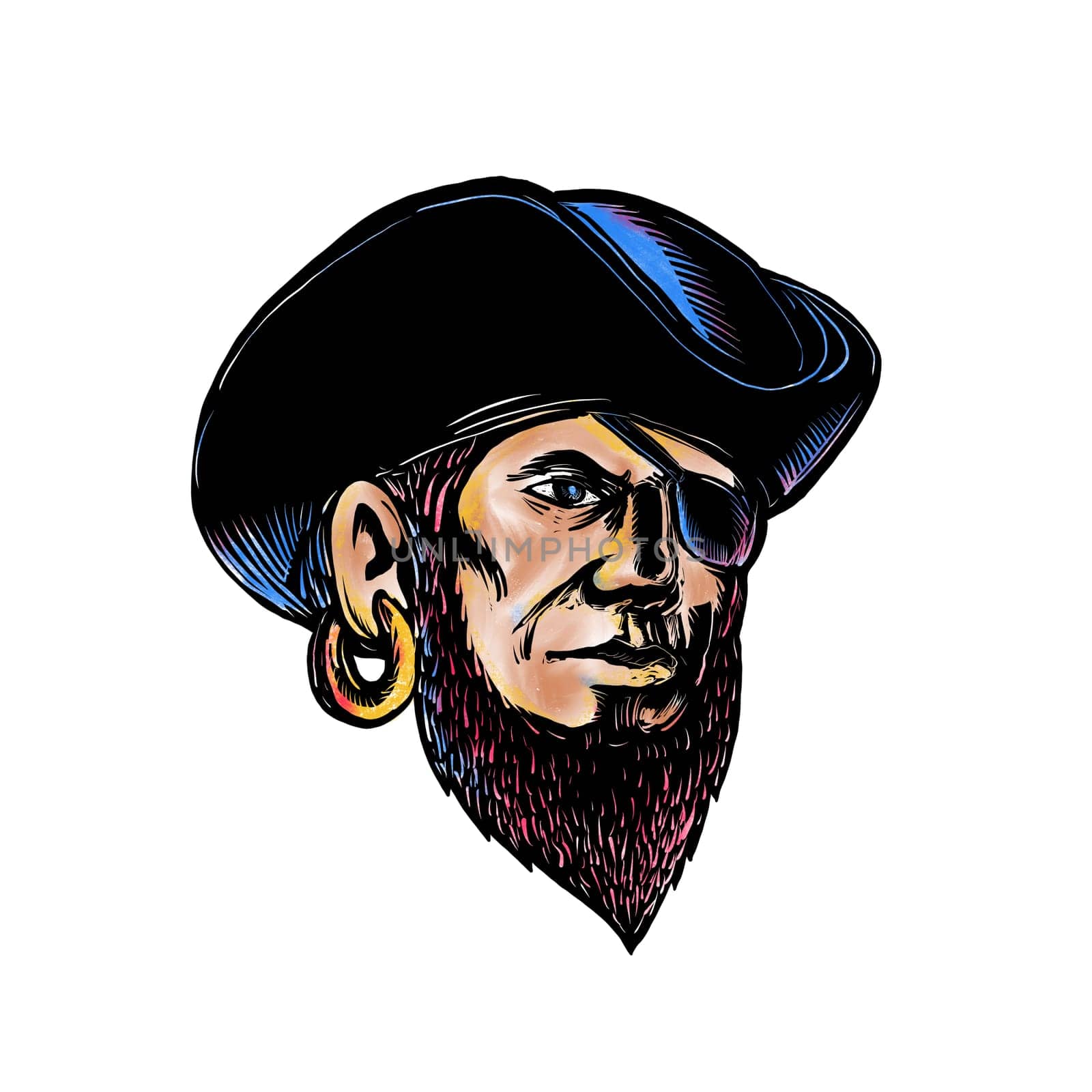 Scratchboard style illustration of buccaneer, pirate or privateer wearing a tricrone hat and eye patch and earrings done on scraperboard on isolated background.