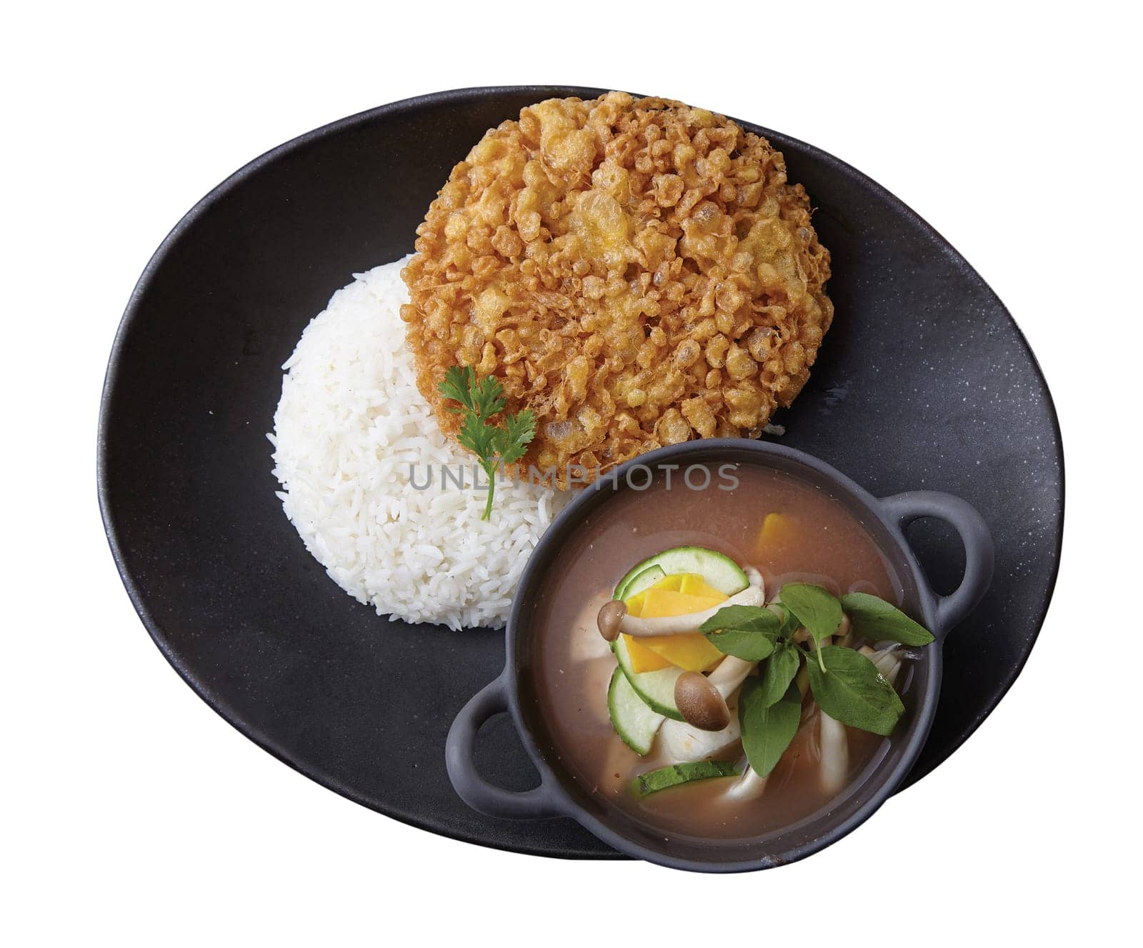 Crispy Omelet over Rice with Spicy Vegetable and Soup..Clipping path (Dicut around Object) for work.