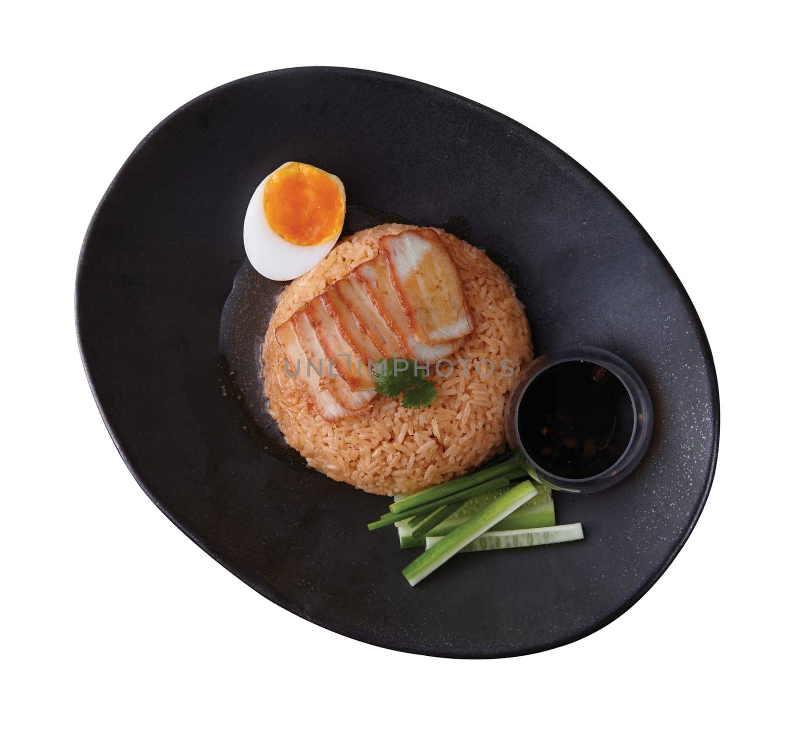 Crispy Omelet over Rice with Spicy Vegetable and Soup..Clipping path (Dicut around Object) for work.