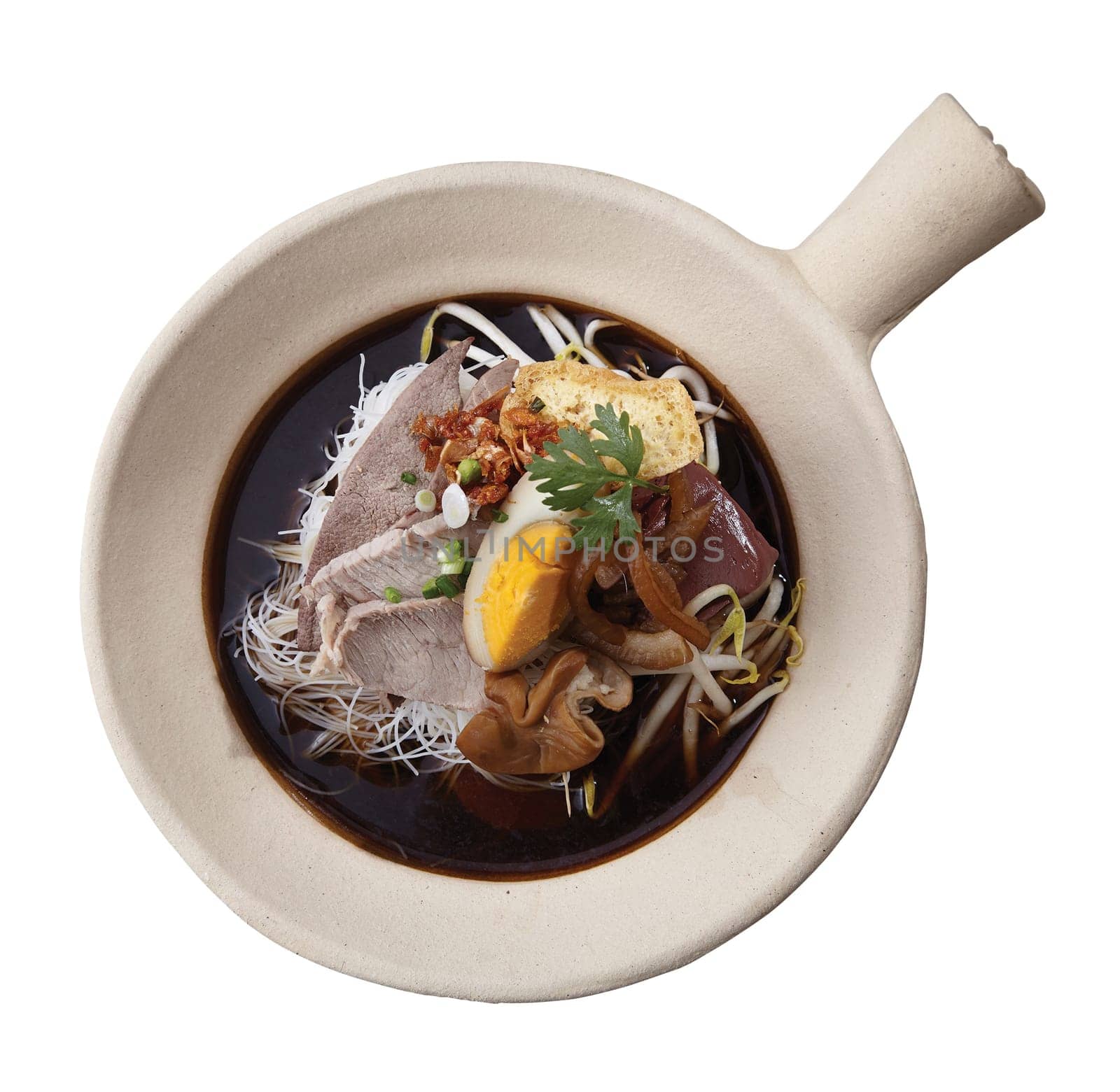 Noodle Roll Soup with Pork in Clay Pot. Chiness food..Clipping path (Dicut around Object) for work.