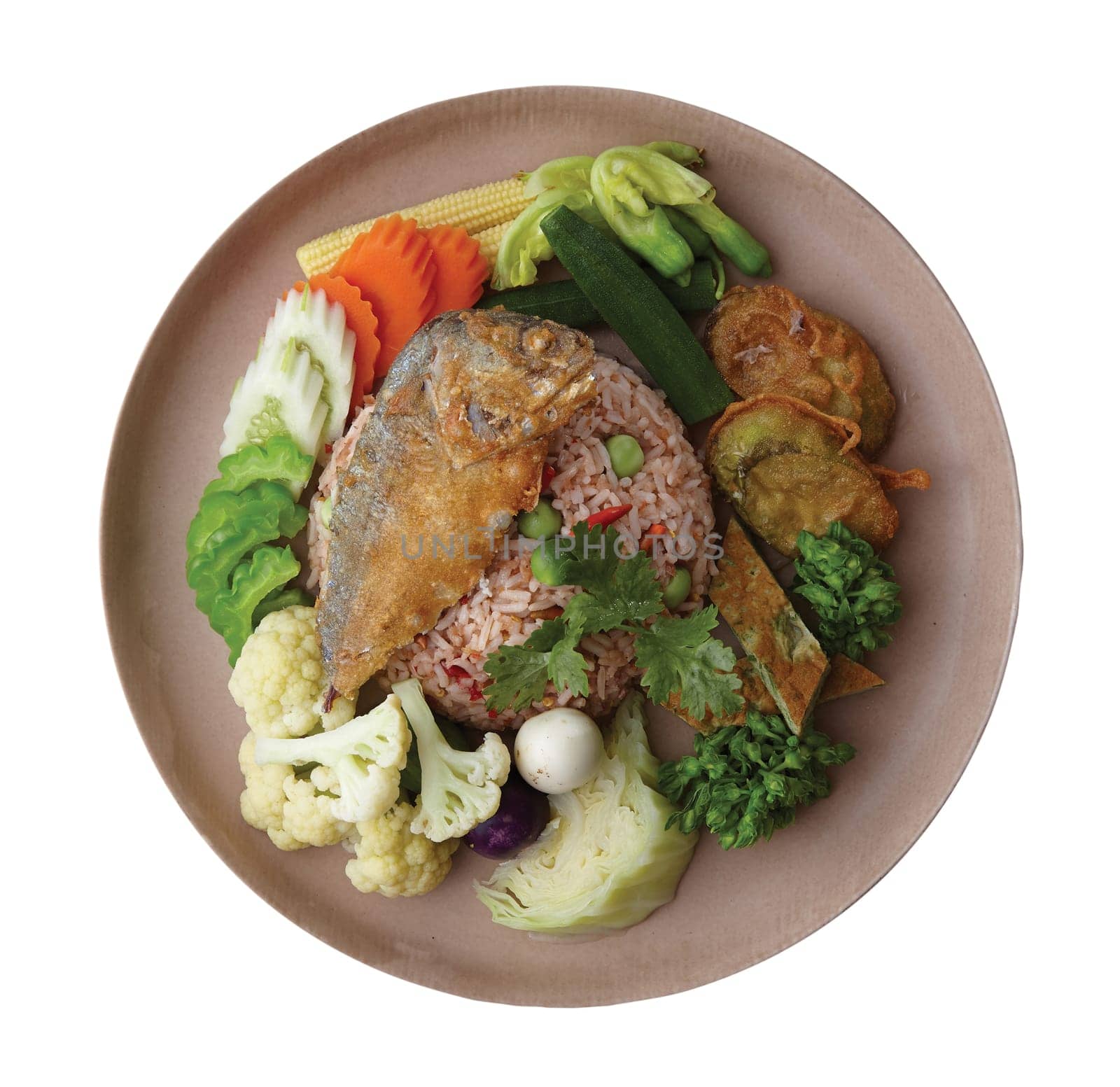 Rice with Packled Fish Chilli Paste and Mixed Vegeatable..Clipping path (Dicut around Object) for work.