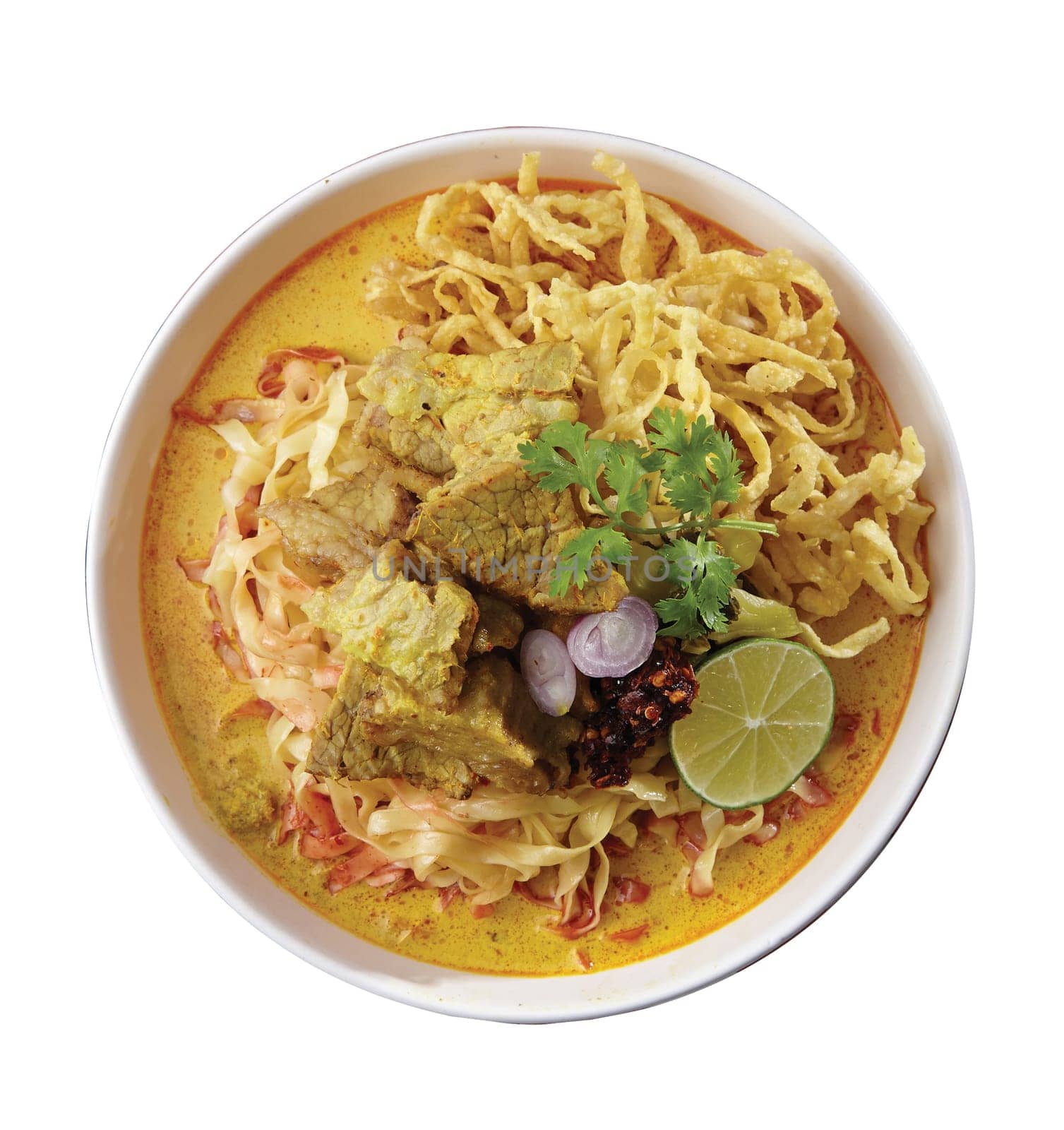 Noodle Curry Soup with Pork Northern Thailand Style..Clipping path (Dicut around Object) for work.