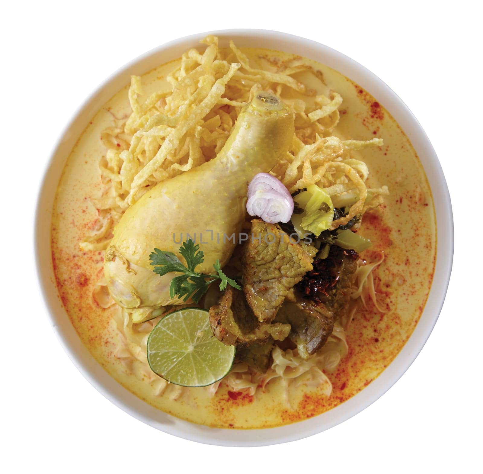Noodle Curry Soup with Chicken and Pork and Beef Northern Thailand Style..Clipping path (Dicut around Object) for work.