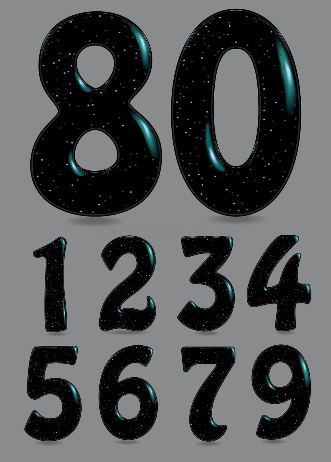 Set of Black Numbers with glared effect and colorful spray. One, two, three, four, five, six, seven, eight, nine, zero.  Illustration