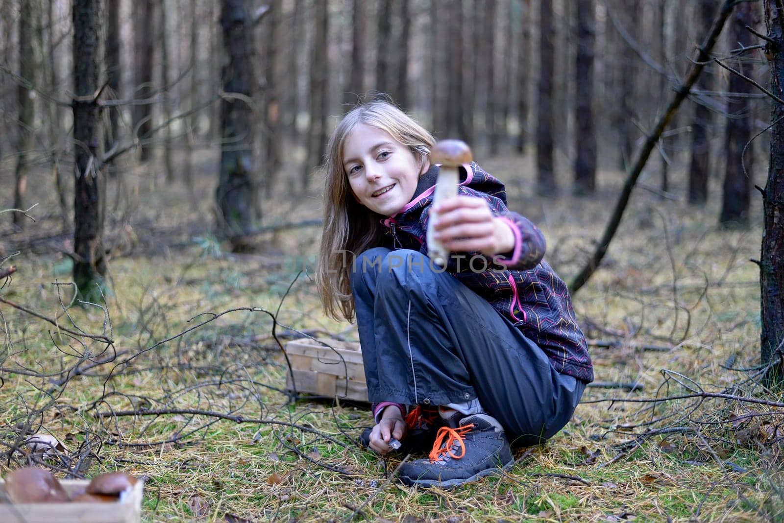 Girl collects mushrooms