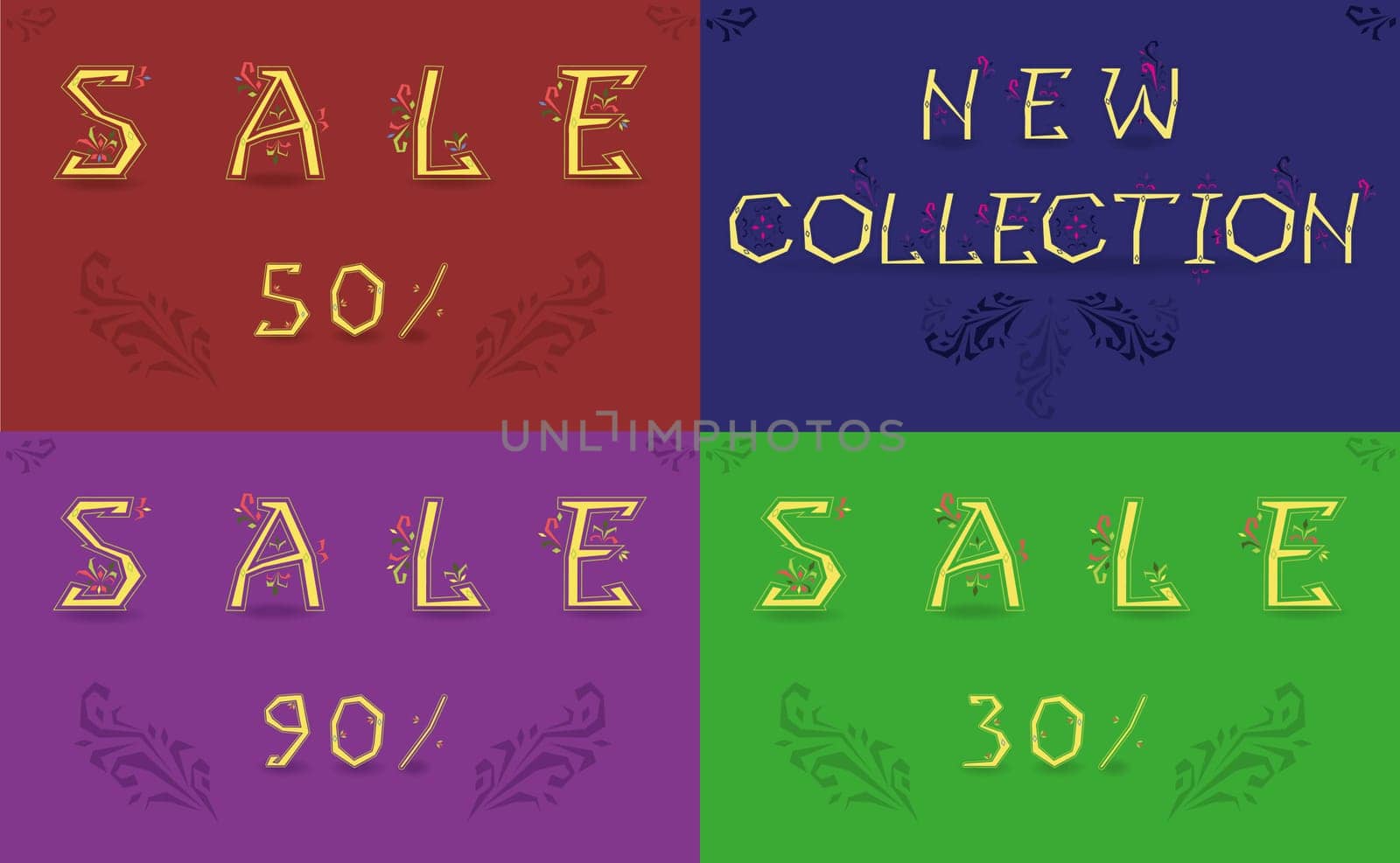 Cards with inscriptions for retail. Sale. New collection. Artistic floral font. Yellow letters with floral decor. Colorful backgrounds. Illustration