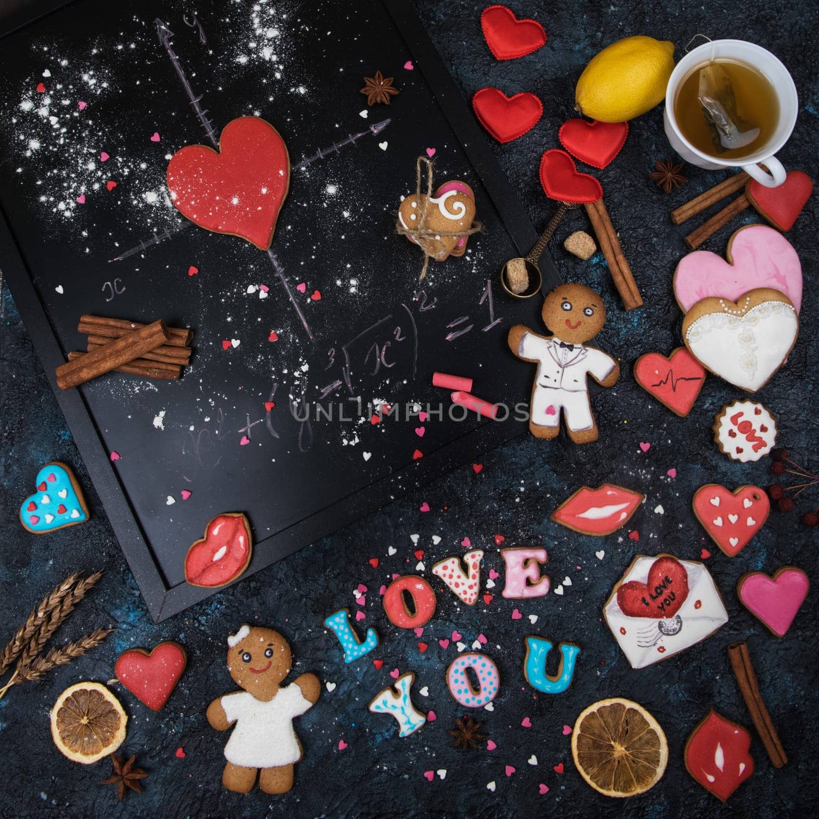 Math, gingerbreads , formula of love. Gingerbreads for Valentines Day or wedding theme.