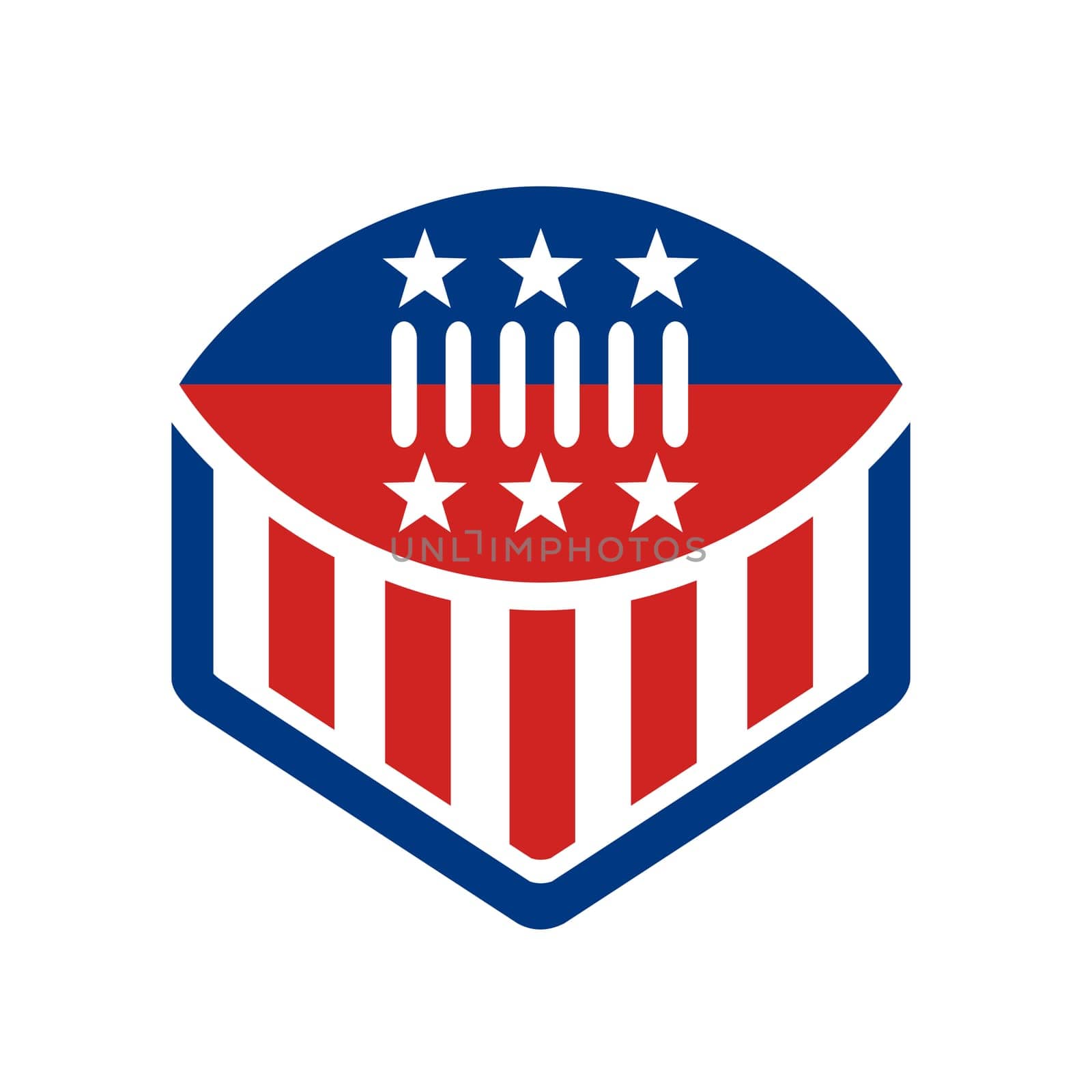 Icon style illustration of an American Football on top of crest shield with USA stars and stripes banner Flag isolated background.