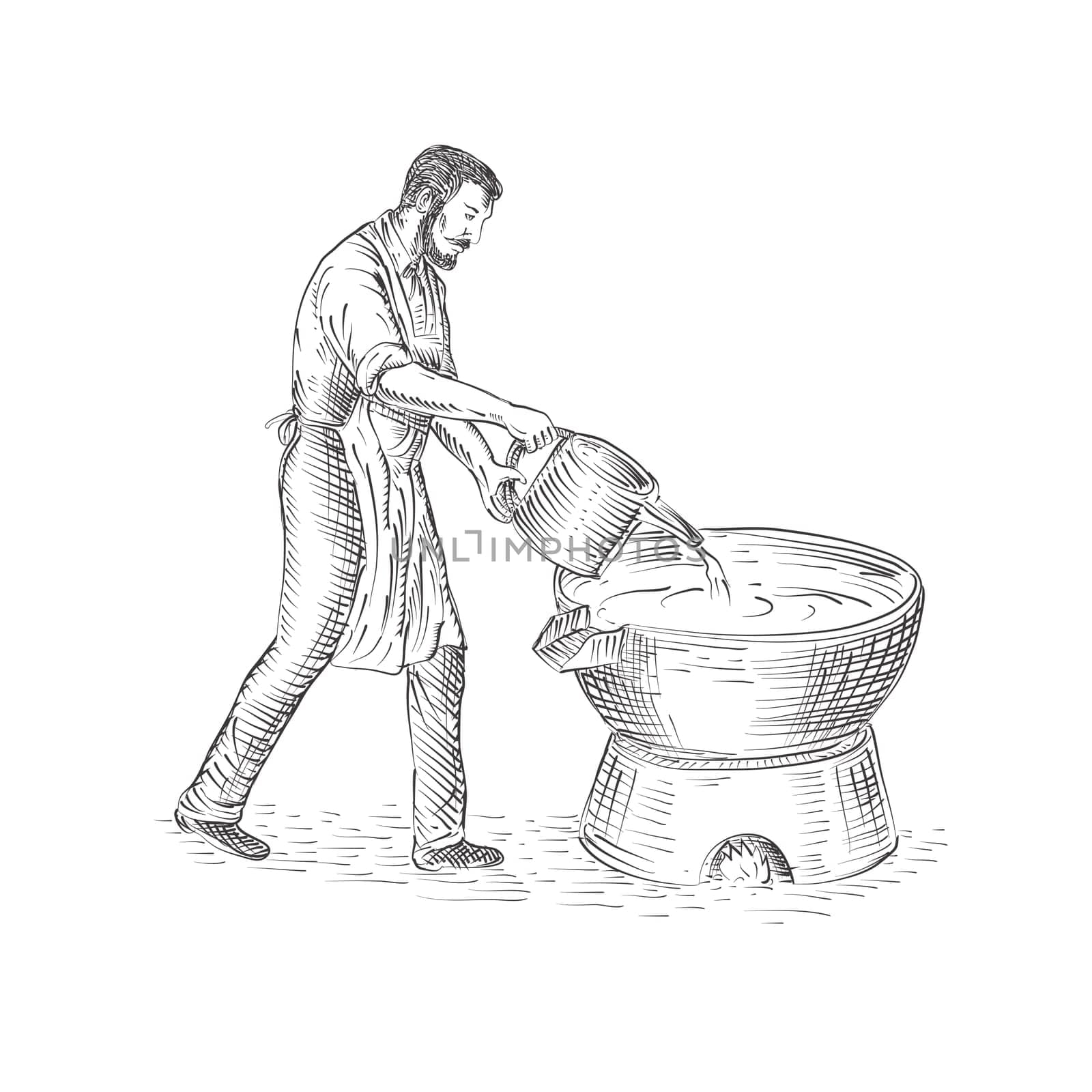 Drawing sketch style illustration of a 19th century vintage candlemaker or chandler pouring candle wax making candles on foundry viewed from side isolated background.
