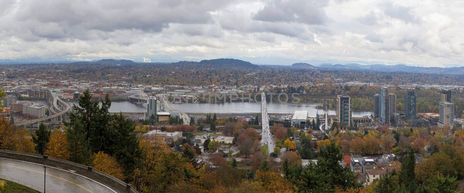 Bridges of Portland Oregon Over Willamette River with Fall Season Color Panorama USA America