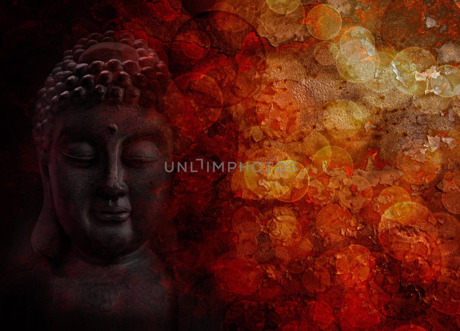Bronze Zen Buddha Statue Meditating Face Front Portrait with Blurred Textured Red Background