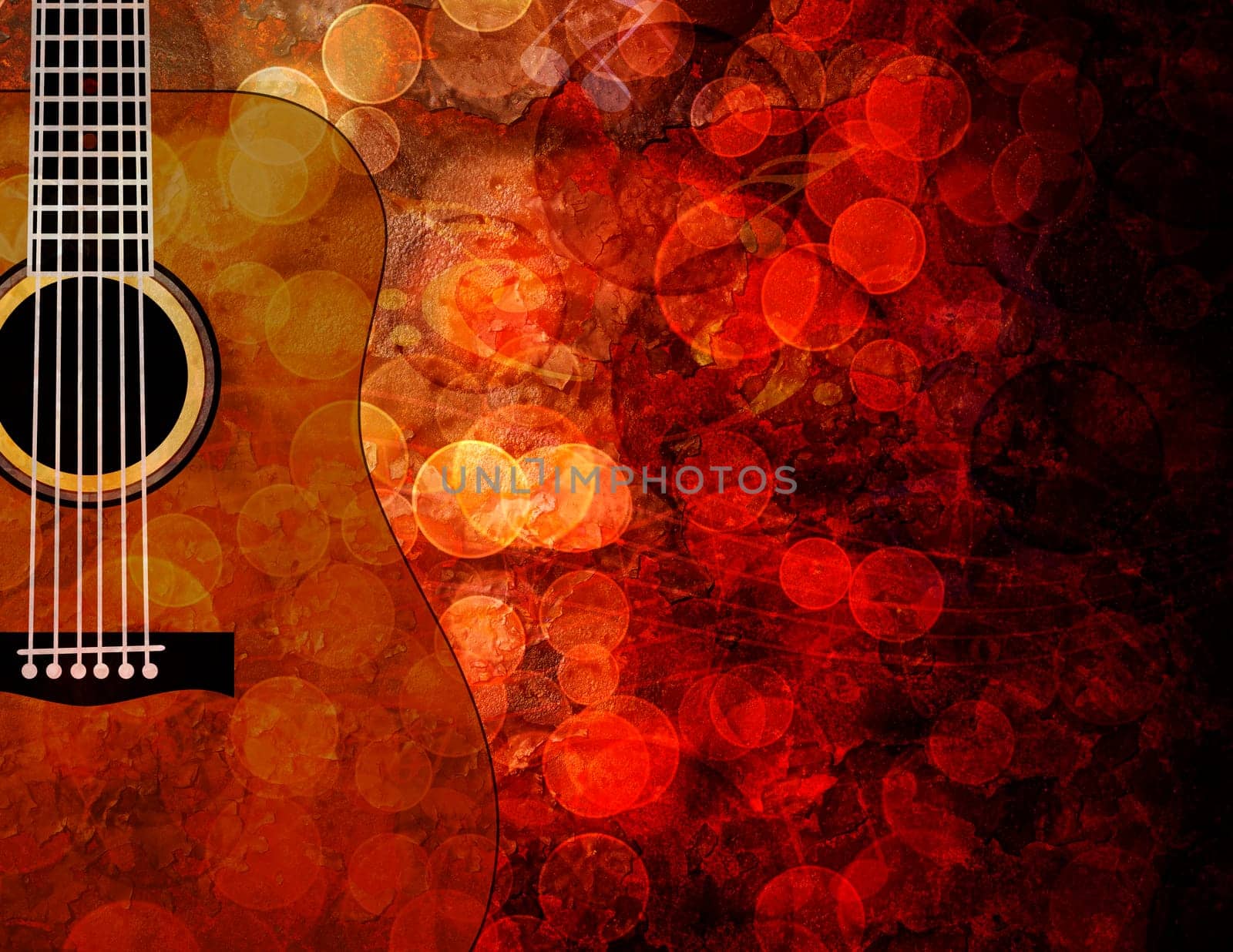 Guitar with Bokeh Musical Notes and Red Grunge Texture Background Illustration