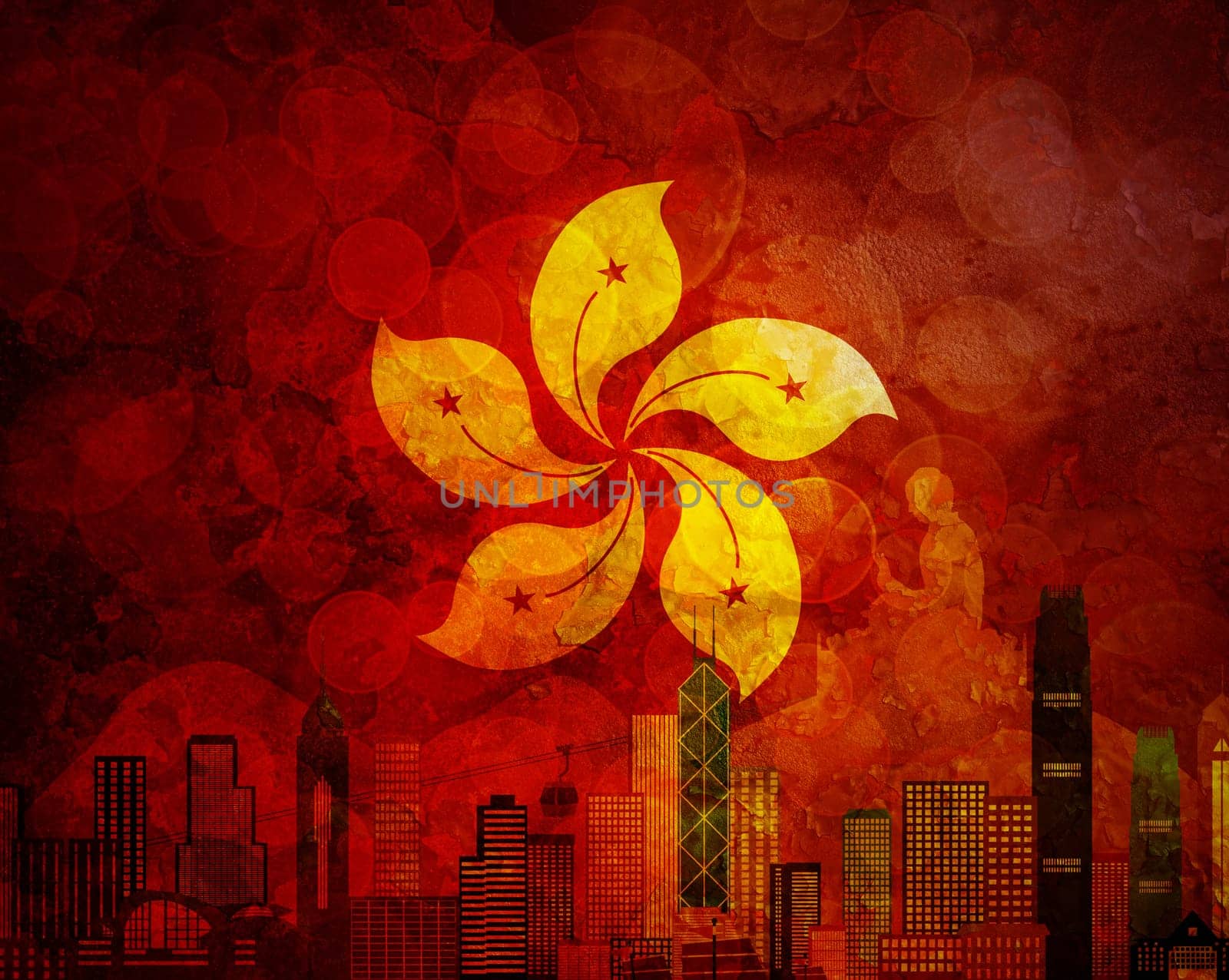 Hong Kong City Skyline and Big Buddha Statue Panorama in Hong Kong Flag Grunge Texture Background Color Illustration