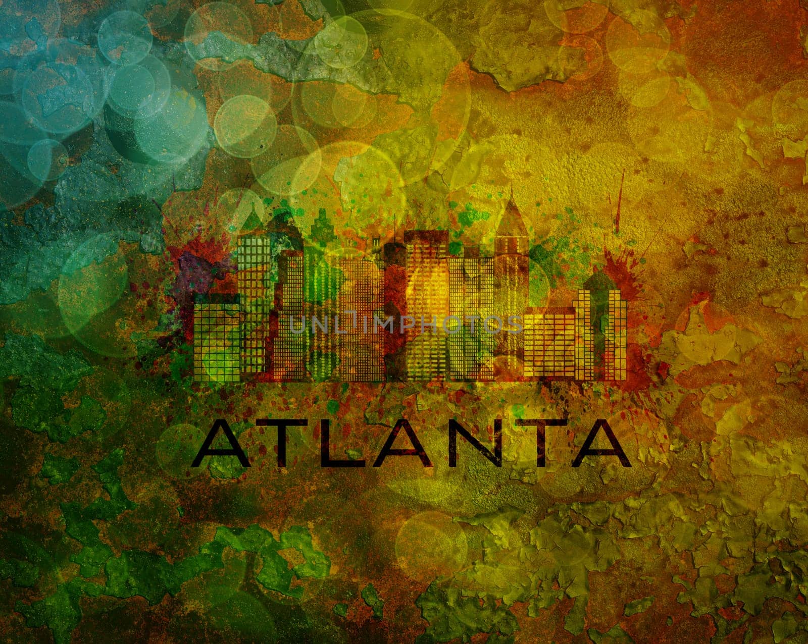 Atlanta Georgia City Skyline with Paint Splatter Abstract onn Grunge Texture Background Color Illustration
