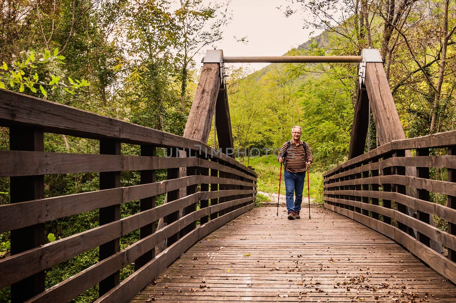 Mature man are hiking in the mountains, walking on a wooden bridge