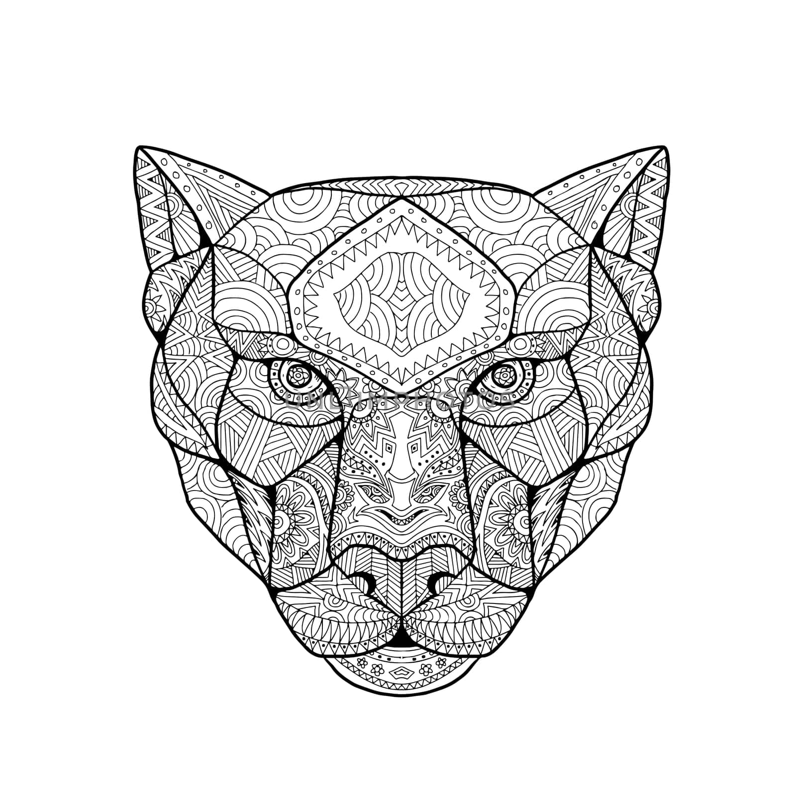 Zentagle inspired and tangled mandala illustration of head of a black panther viewed from front on isolated background.
