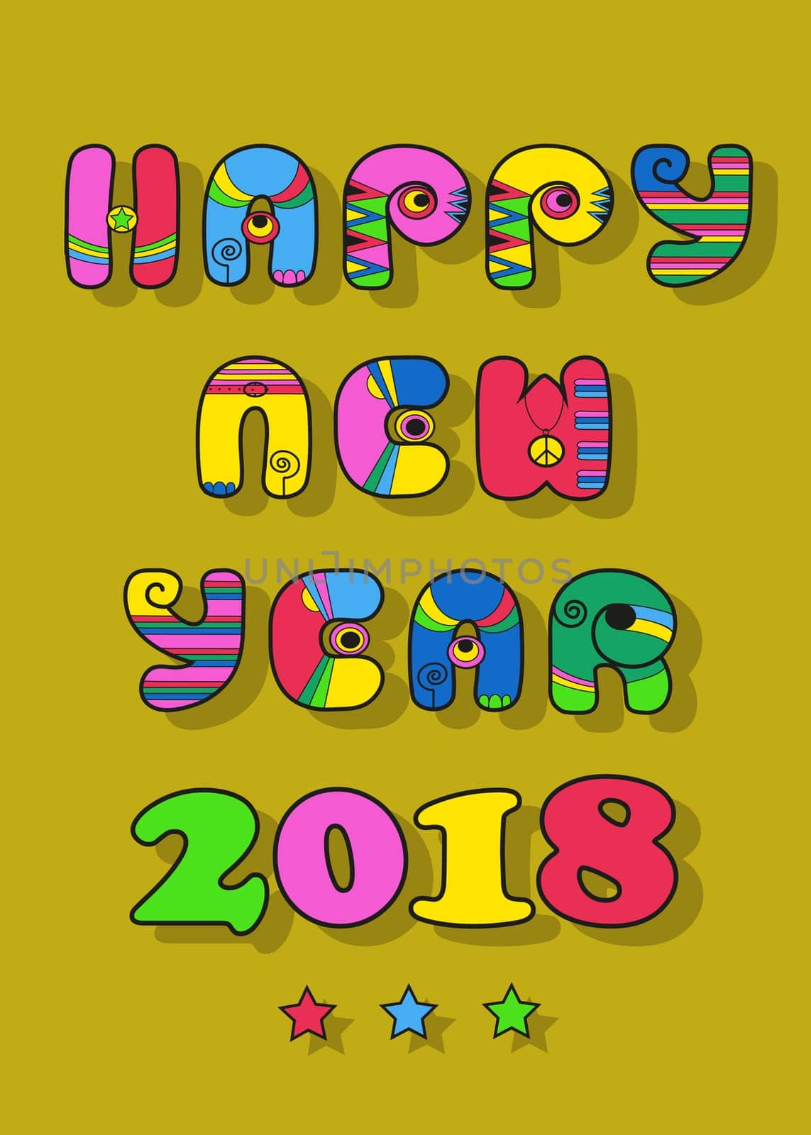 Happy New Year 2018. Artistic disco font.  Illustration