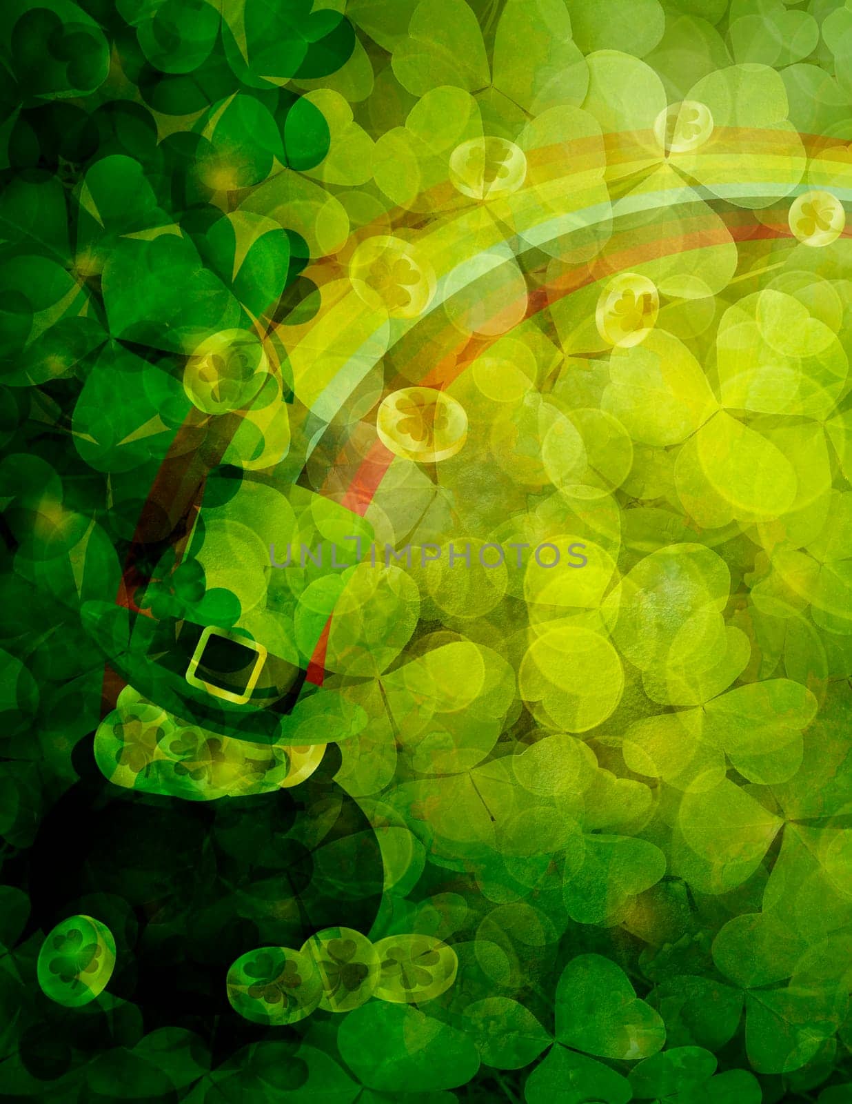 St Patricks Day Shamrock Leaves Border and Background with Pot of Gold Coins Leprechaun Hat Rainbow Illustration