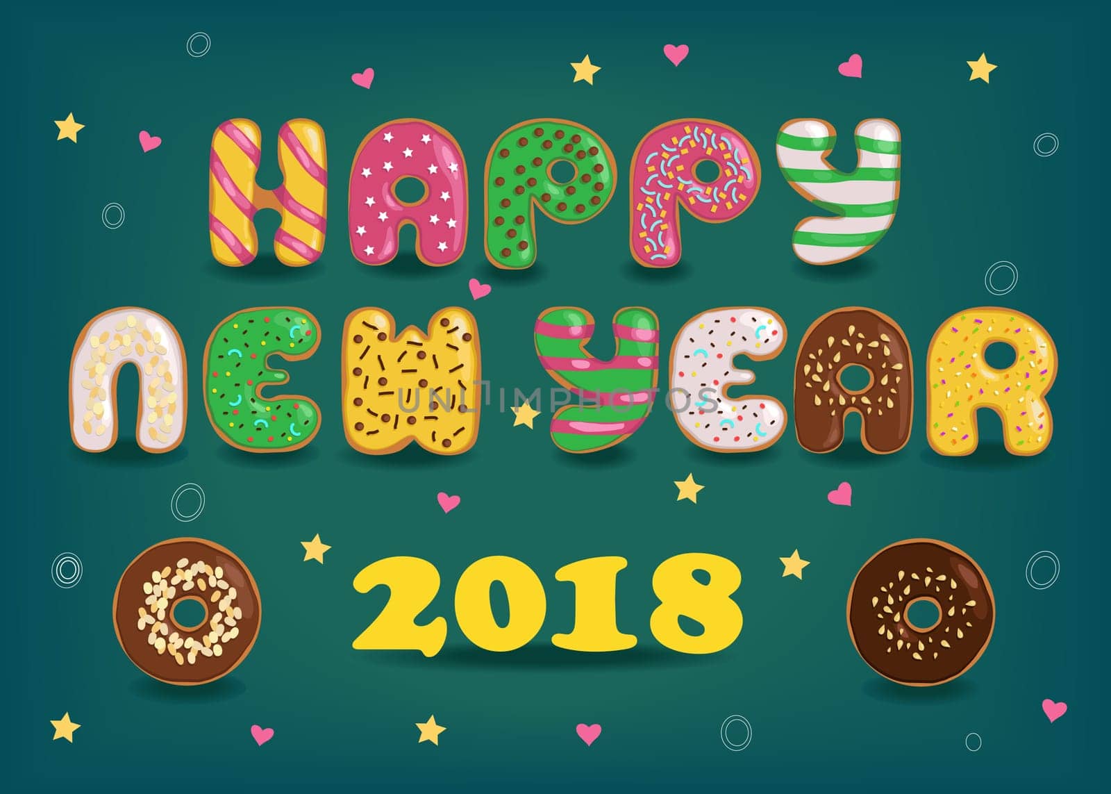 Happy New Year 2018. Artistic font. Colorful donuts and yellow number 2018. Illustration