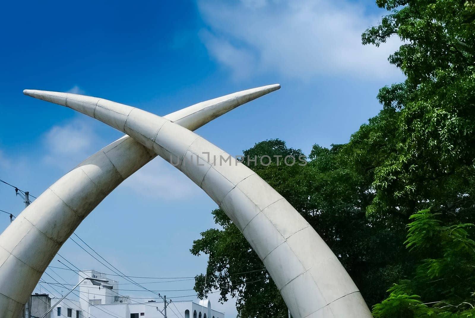 white constructed tusks of elephant in mombasa in kenya,african ivory landmark