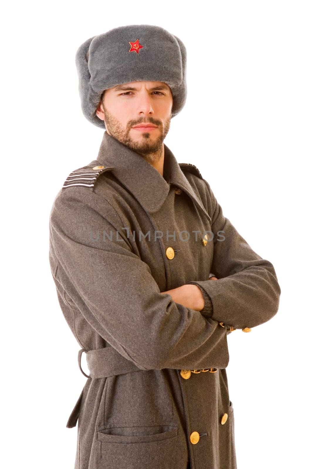 young man dressed as russian military, studio picture