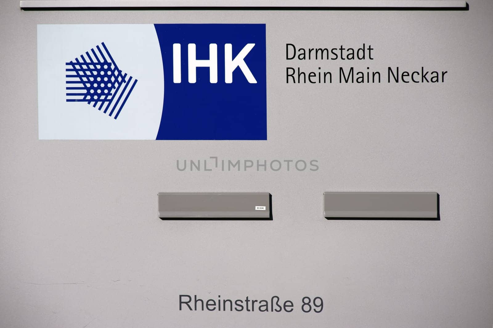 Darmstadt,Germany - October 31,2017: The logo of the Chamber of Commerce and Industry at the main entrance with mailboxes on October 31,2017 in Darmstadt.